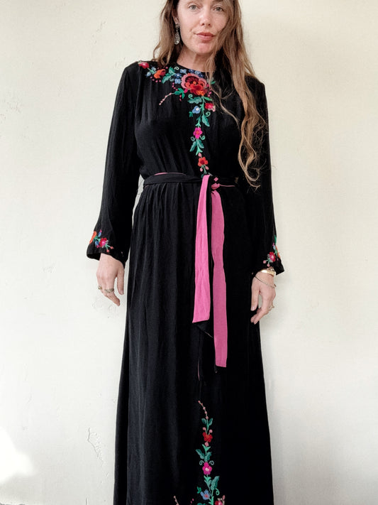 1940s Black Rayon Heavily Embroidered Hostess Dress w/ Fuchsia Sash- S/M-M