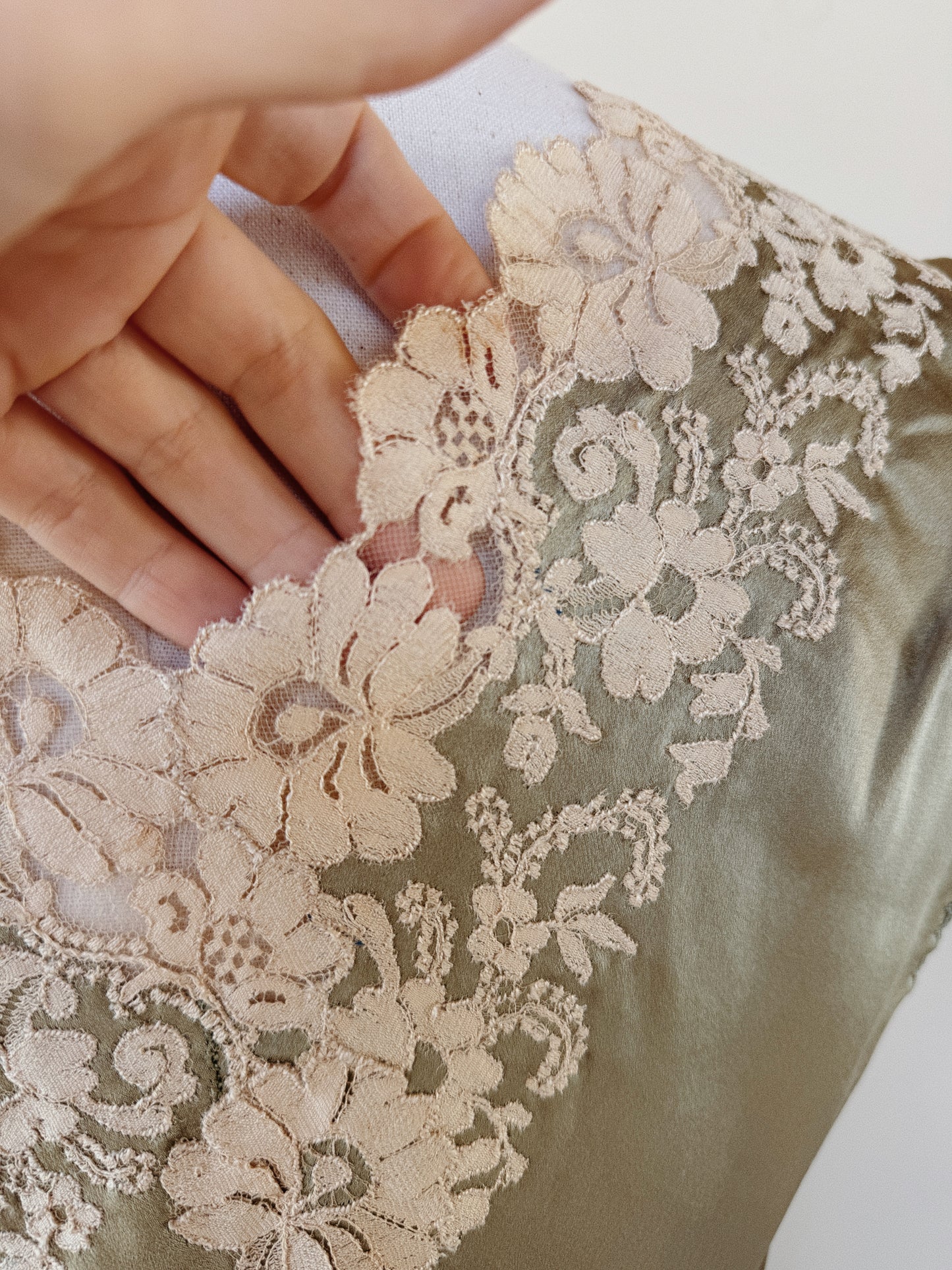 1930s Sage Charmeuse Silk Slip Dress w/ Ecru Lace Trim- S/M