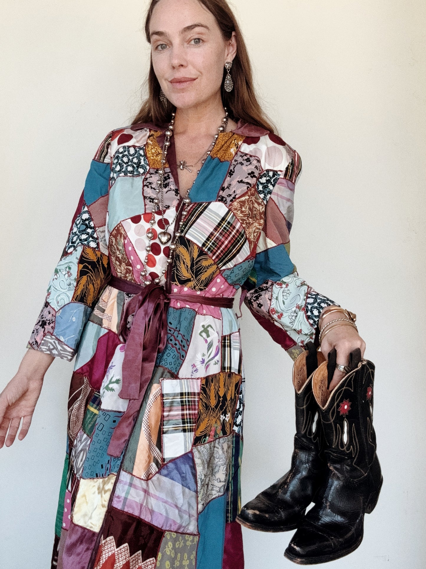 1940s Crazy Quilt Dressing w/ Rayon Patches- S/M-M