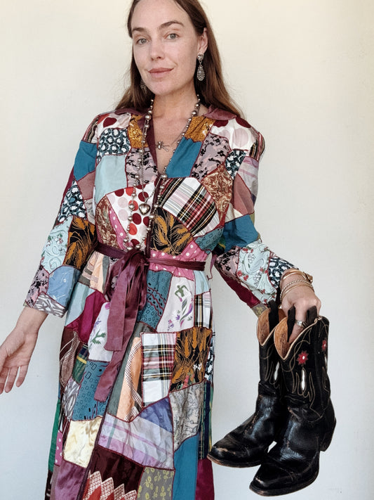 1940s Crazy Quilt Dressing w/ Rayon Patches- S/M-M