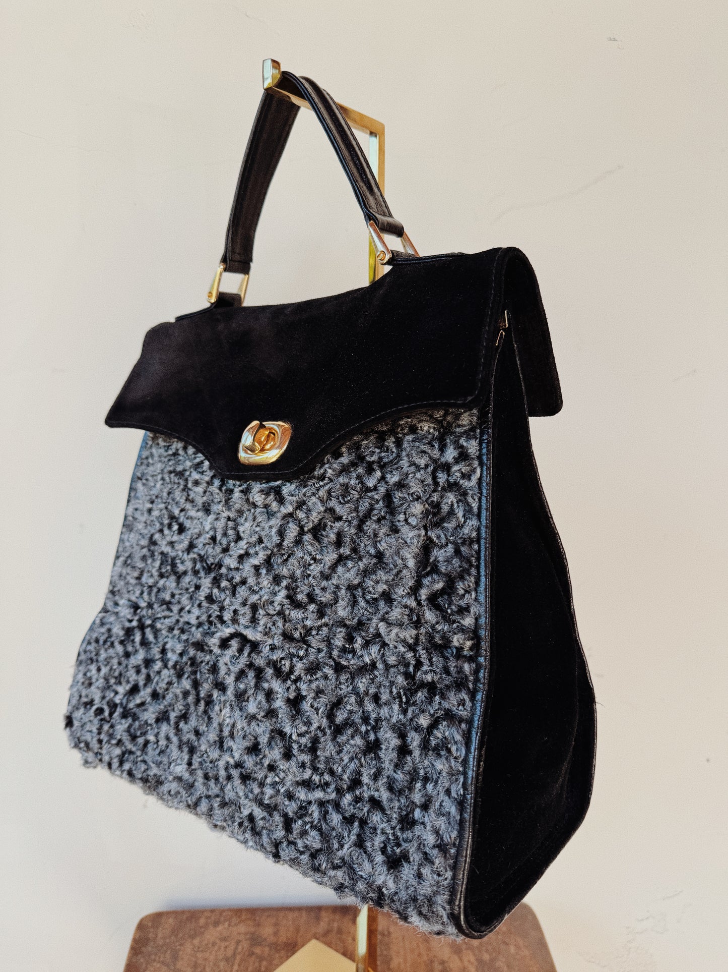 1970s Black Suede + Curly Lamb Jumbo Top Handle Bag