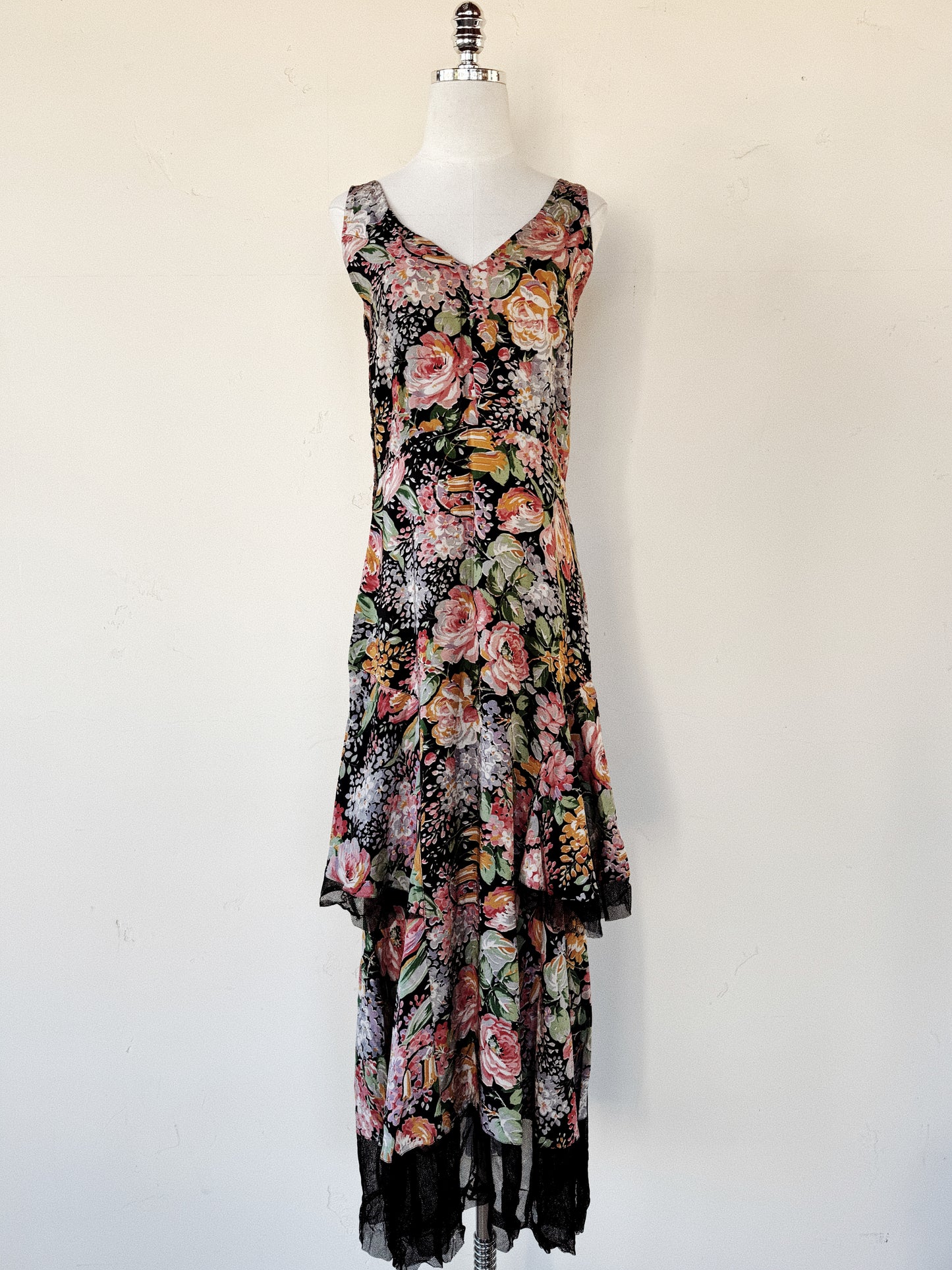 1930s Black Multicolor Floral Silk Gown w/ Mesh Trim- S/M