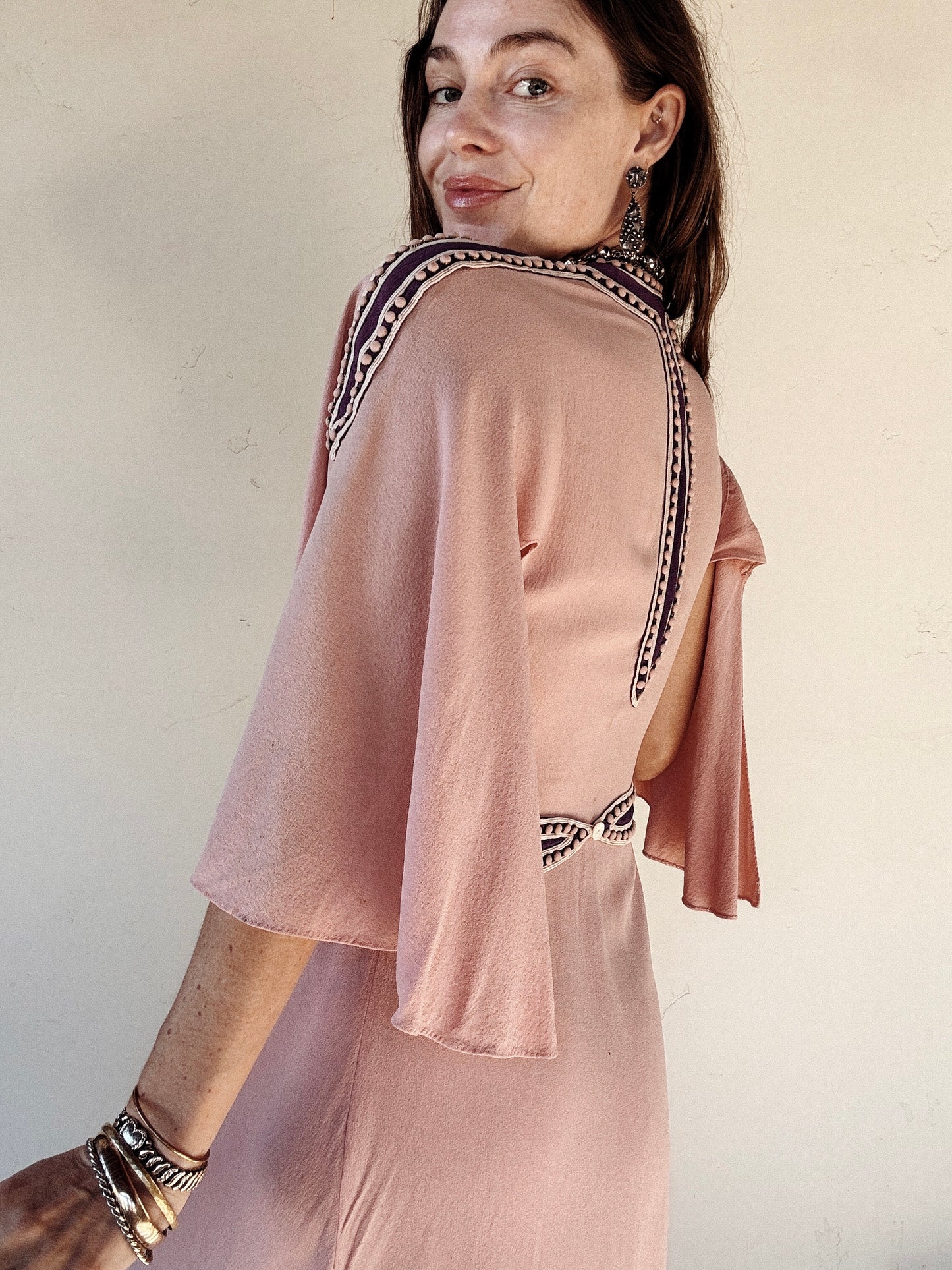 1930s Raspberry + Grape Sherbet Crepe Wrap Dress w/ Studs + Angel Sleeves- S/M