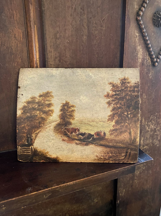 19th C. Petite English Pastoral Country Scene w/ Cows- 7x10”