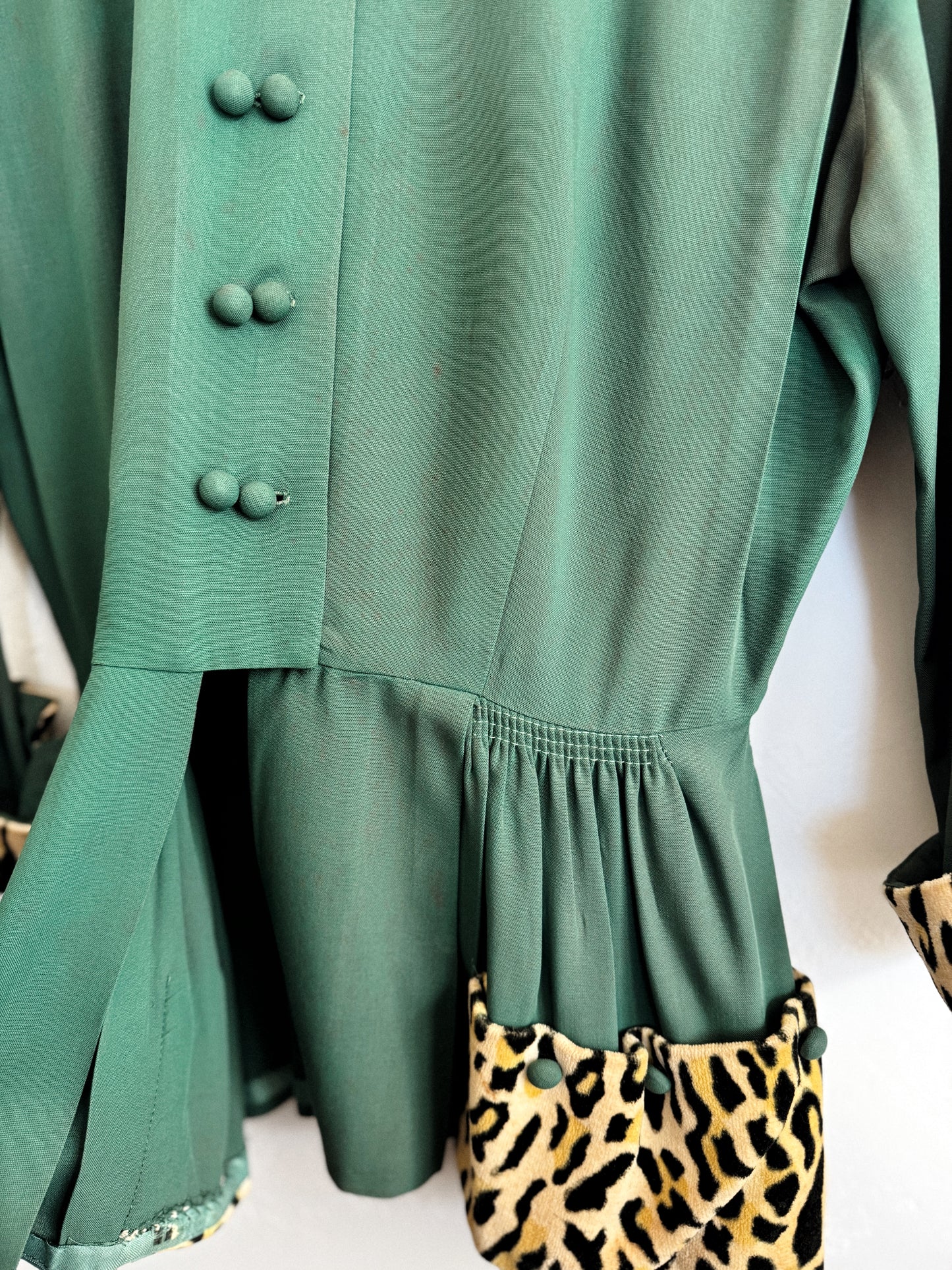 1940s Emerald Rayon + Leopard Jacket w/ Peplum- M