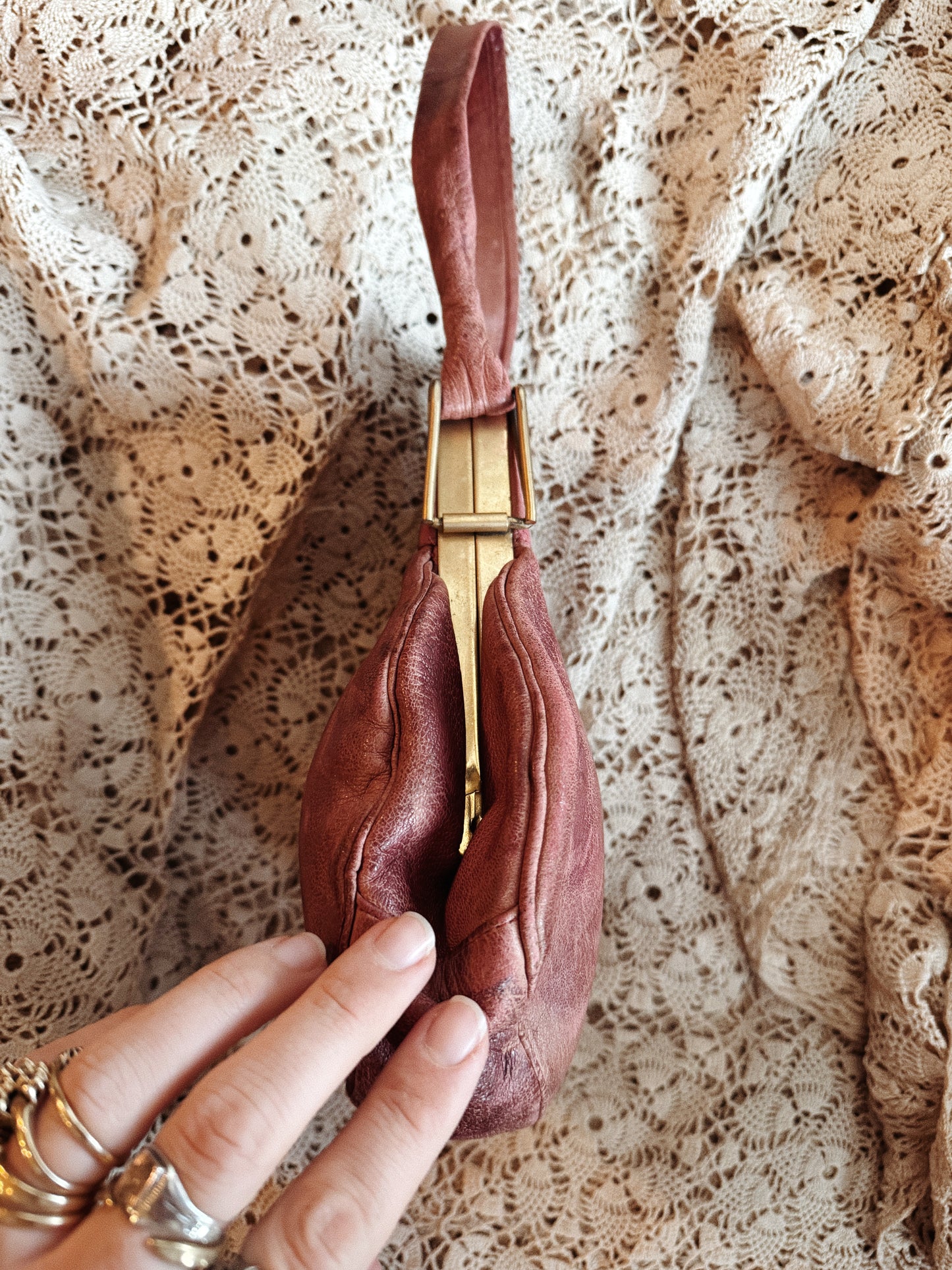 1930s Deco Cabernet Lambskin Shell Handbag w/ Brass Hardwear