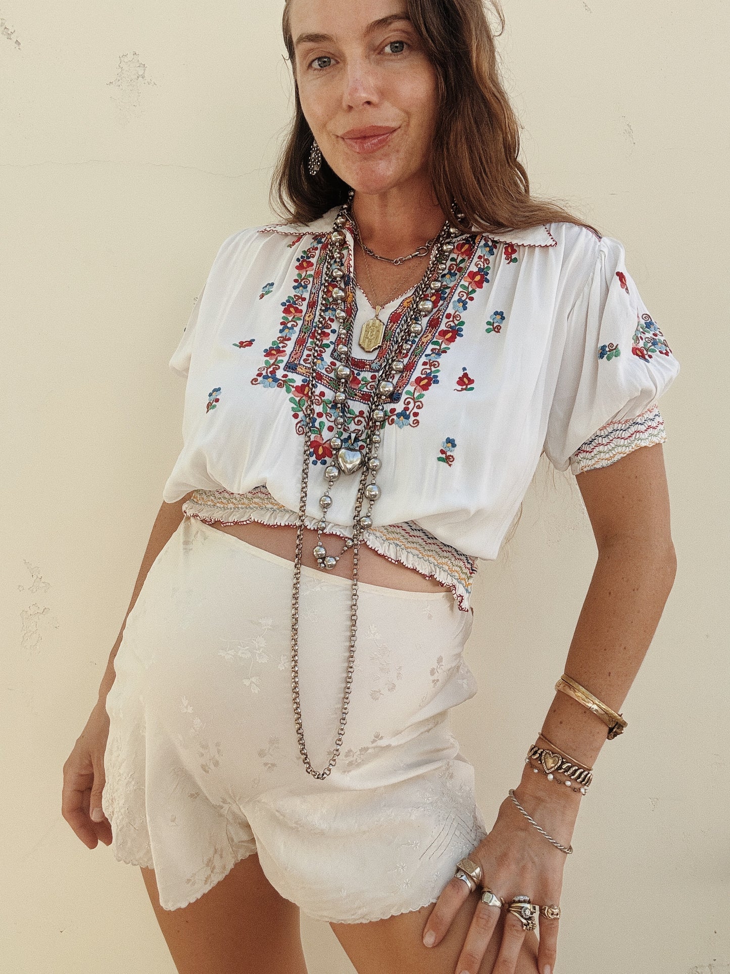 1930s Ivory Imported Silk Jacquard Embroidered Tap Shorts- M