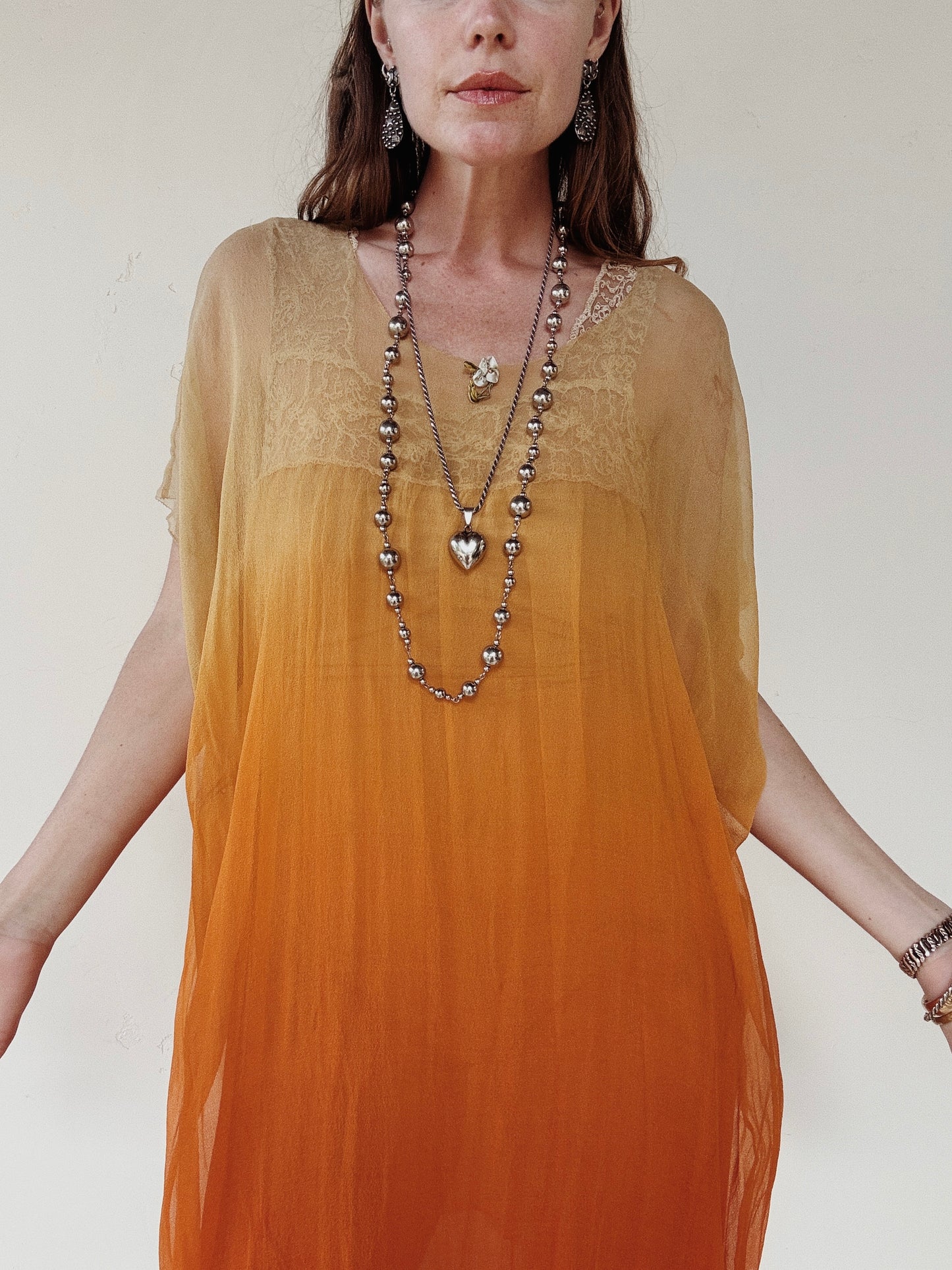 1920s Radiant Orange Ombré Silk Chiffon Ensemble- S/M