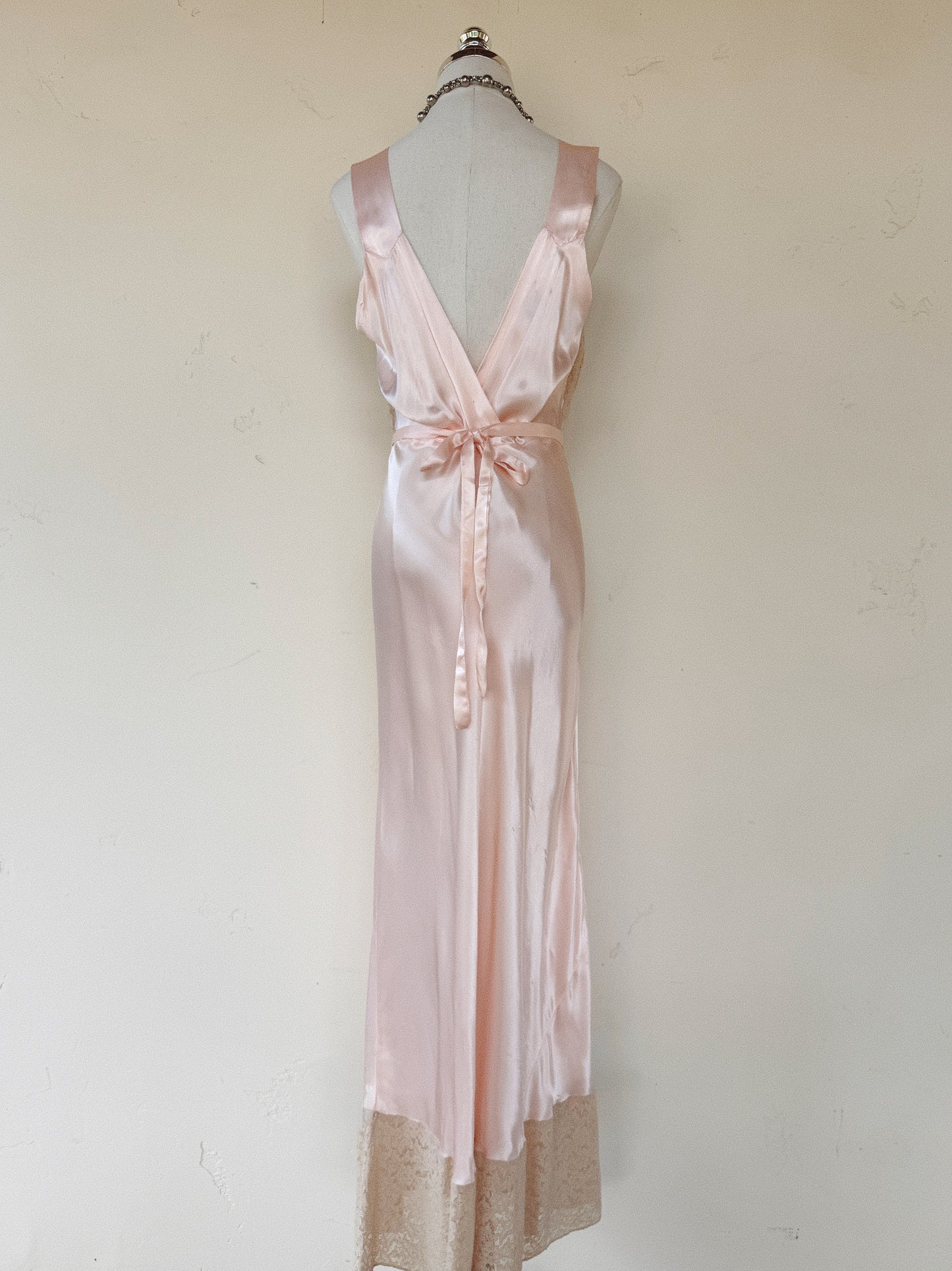 1930s/40s Pale Pink Liquid Satin + Lace Gown w/ Rhinestones- S/M