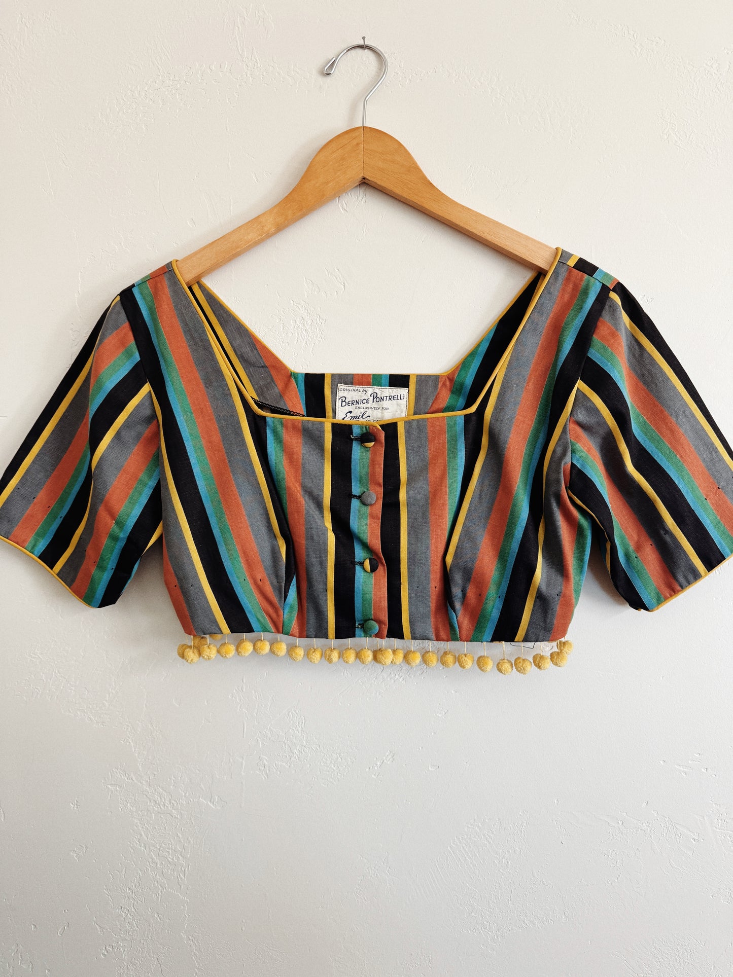 1940s/50s Striped Cropped Top w/ Pom Poms- S