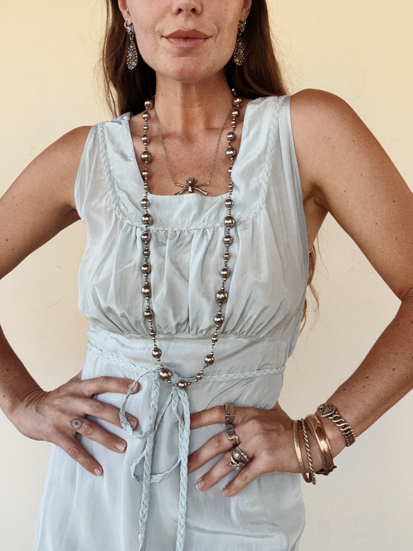 1940s Icy Blue Silk Crepe Slip w/ Braided Trim + Sash- S/M-M