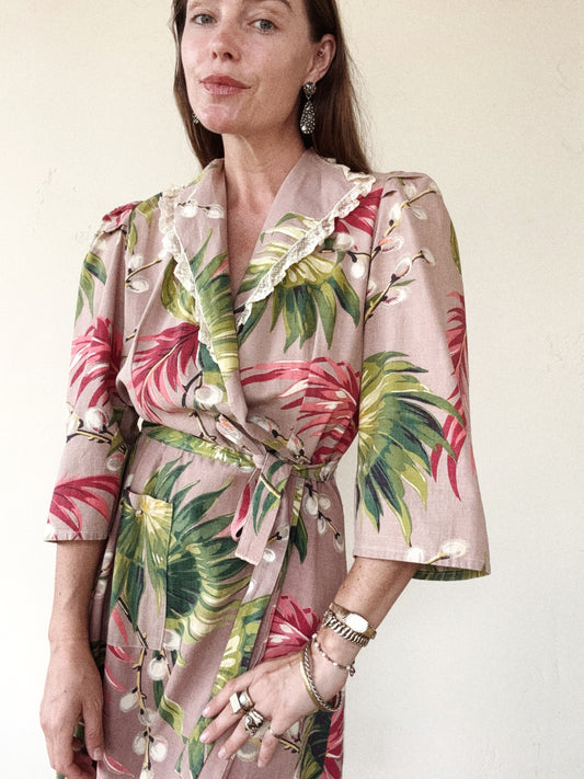 1940s Bark Cloth Print Cotton Dressing Gown- S/M-M