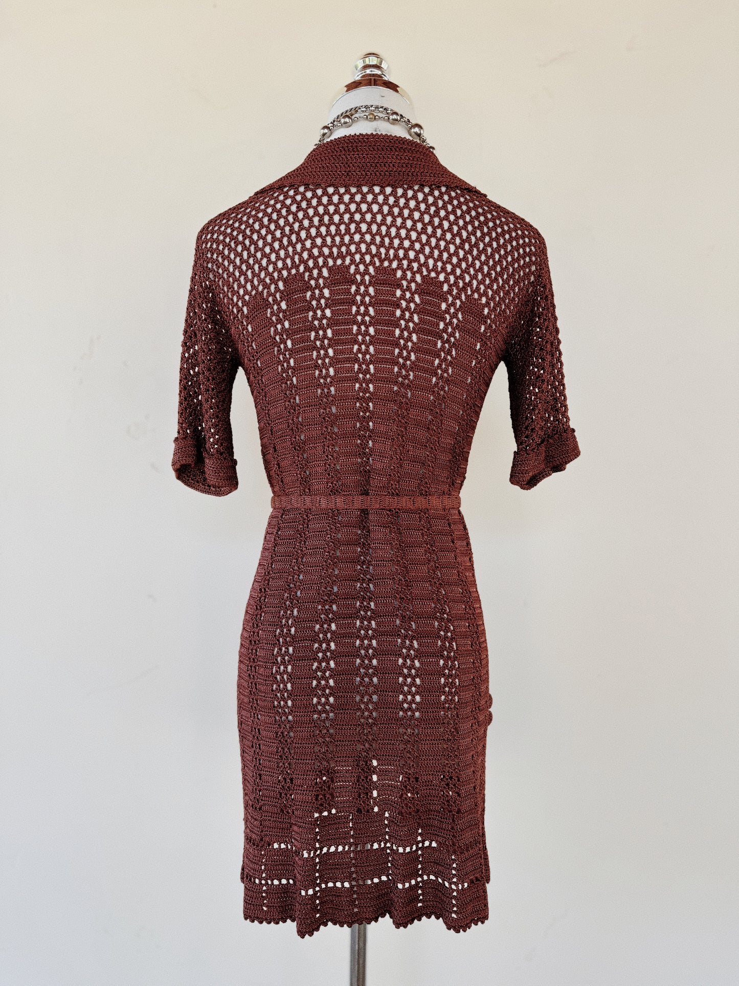 1920s Espresso Silk Crocheted Cardigan w/ Pom Poms- XS-S