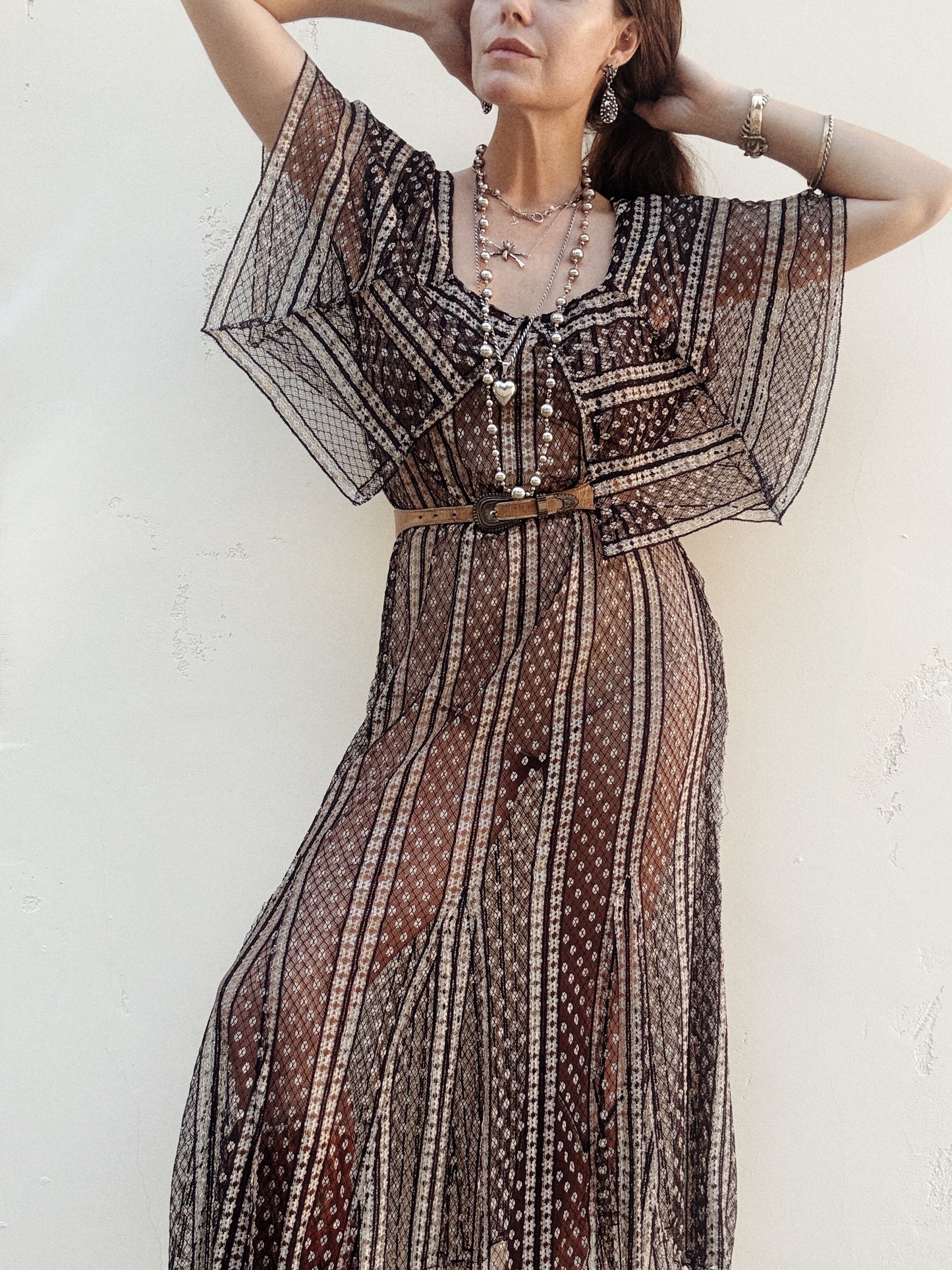 1920s/30s Purple + Cream Net Dress w/ Large Caplet Collar- M-L