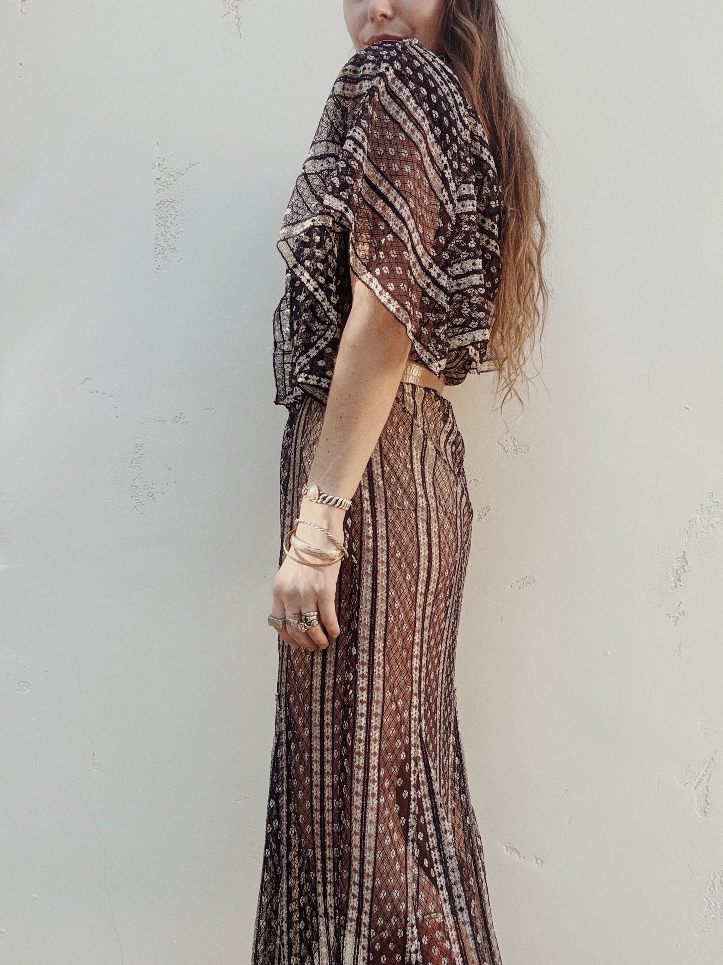 1920s/30s Purple + Cream Net Dress w/ Large Caplet Collar- M-L