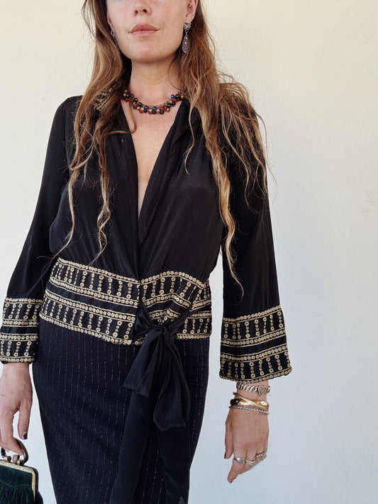 1920s/30s Grecian Black Silk Crepe Blouse w/ Gold Embroidery- S/M