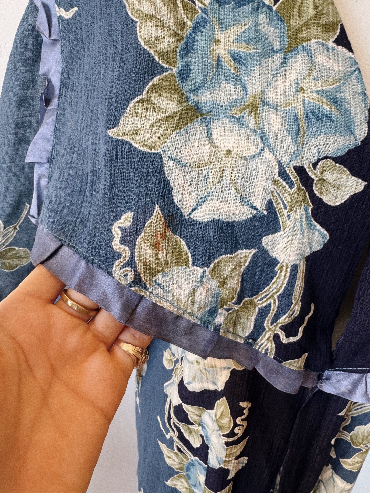 1910s Edwardian Blue Morning Glory Peignoir Duster- S/M-M