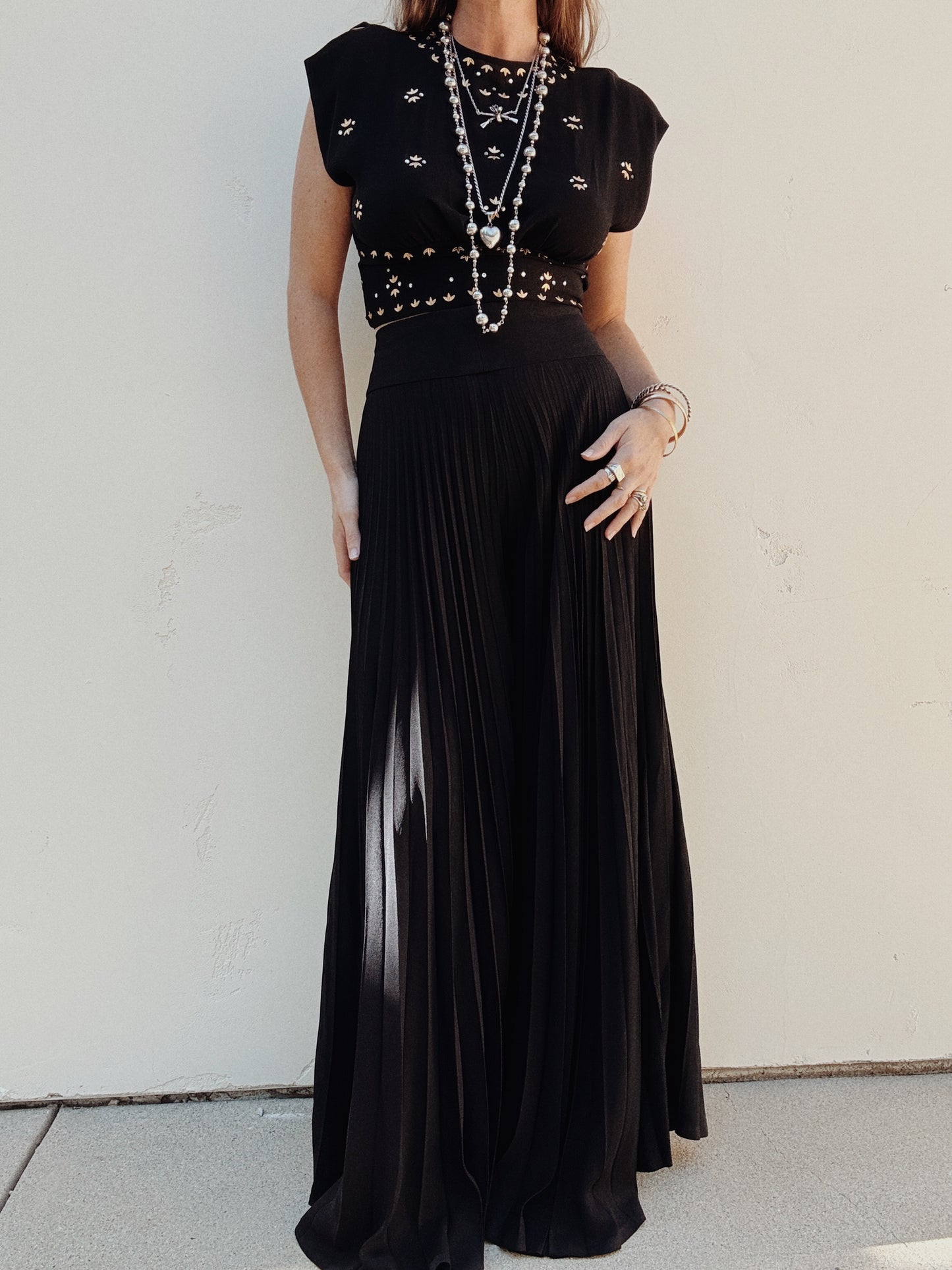 1930s Black Leaf Stud + Rhinestone Cropped Crepe Blouse- S/M