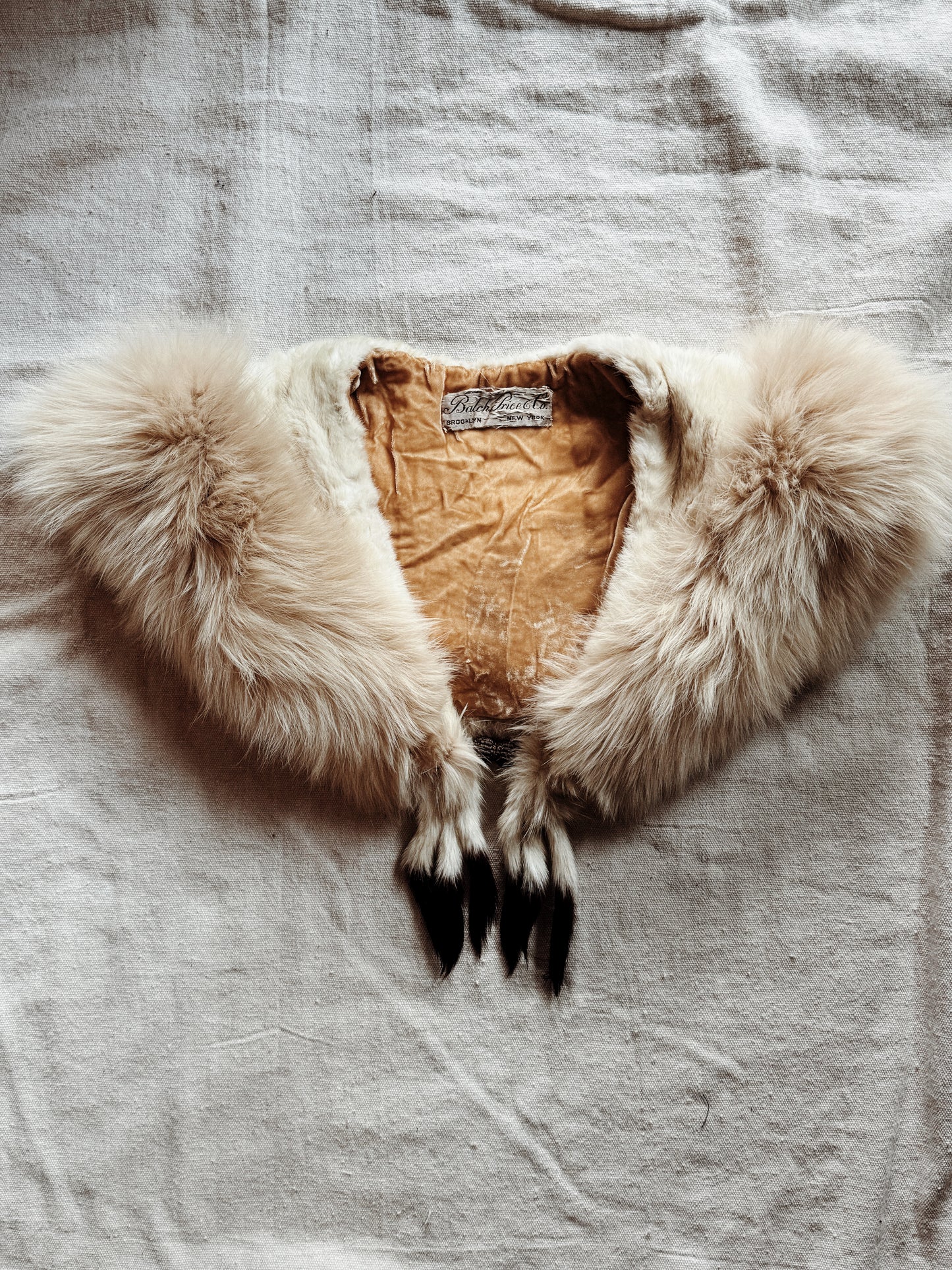 1930s Sumptuous Ermine Fur + Silk Velvet Collar w/ Bon Bon Closure