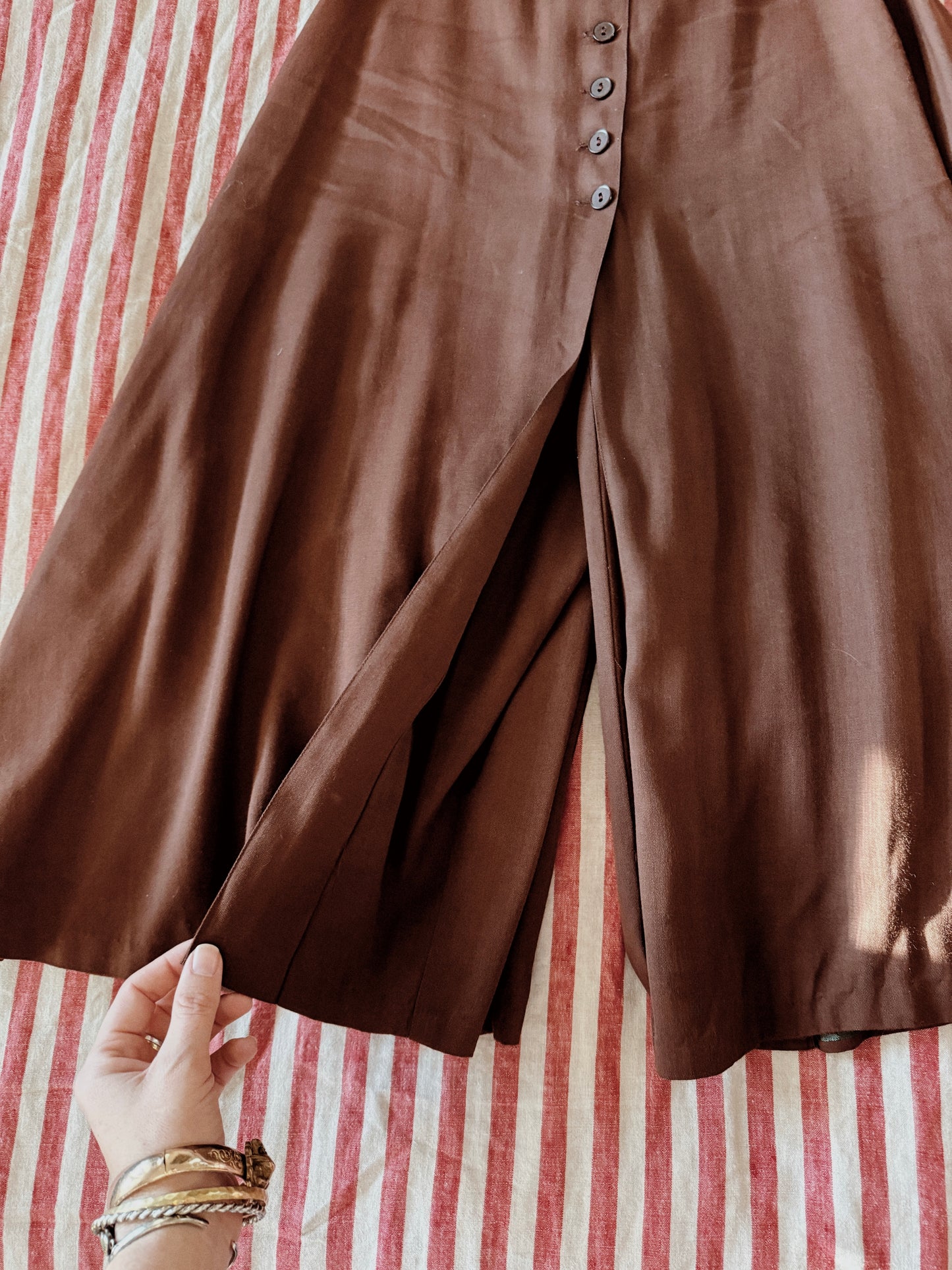 1940s Brown Rayon Gabardine Split Skirt Culotte Pants- S/M