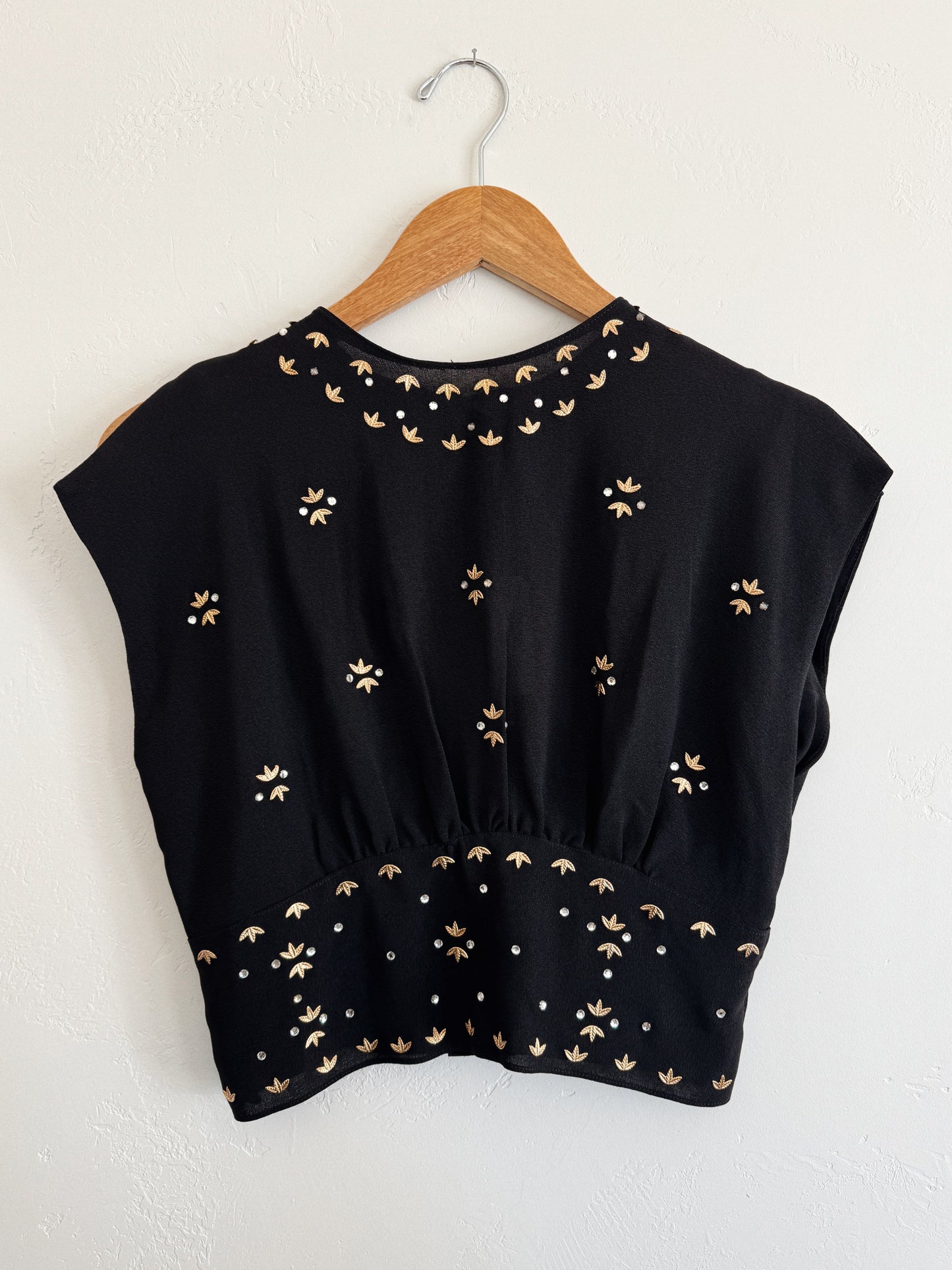 1930s Black Leaf Stud + Rhinestone Cropped Crepe Blouse- S/M