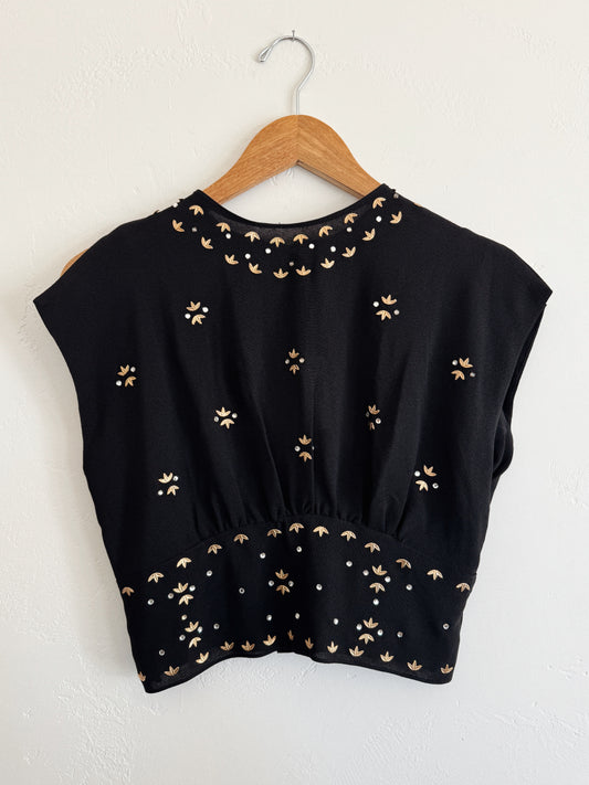 1930s Black Leaf Stud + Rhinestone Cropped Crepe Blouse- S/M