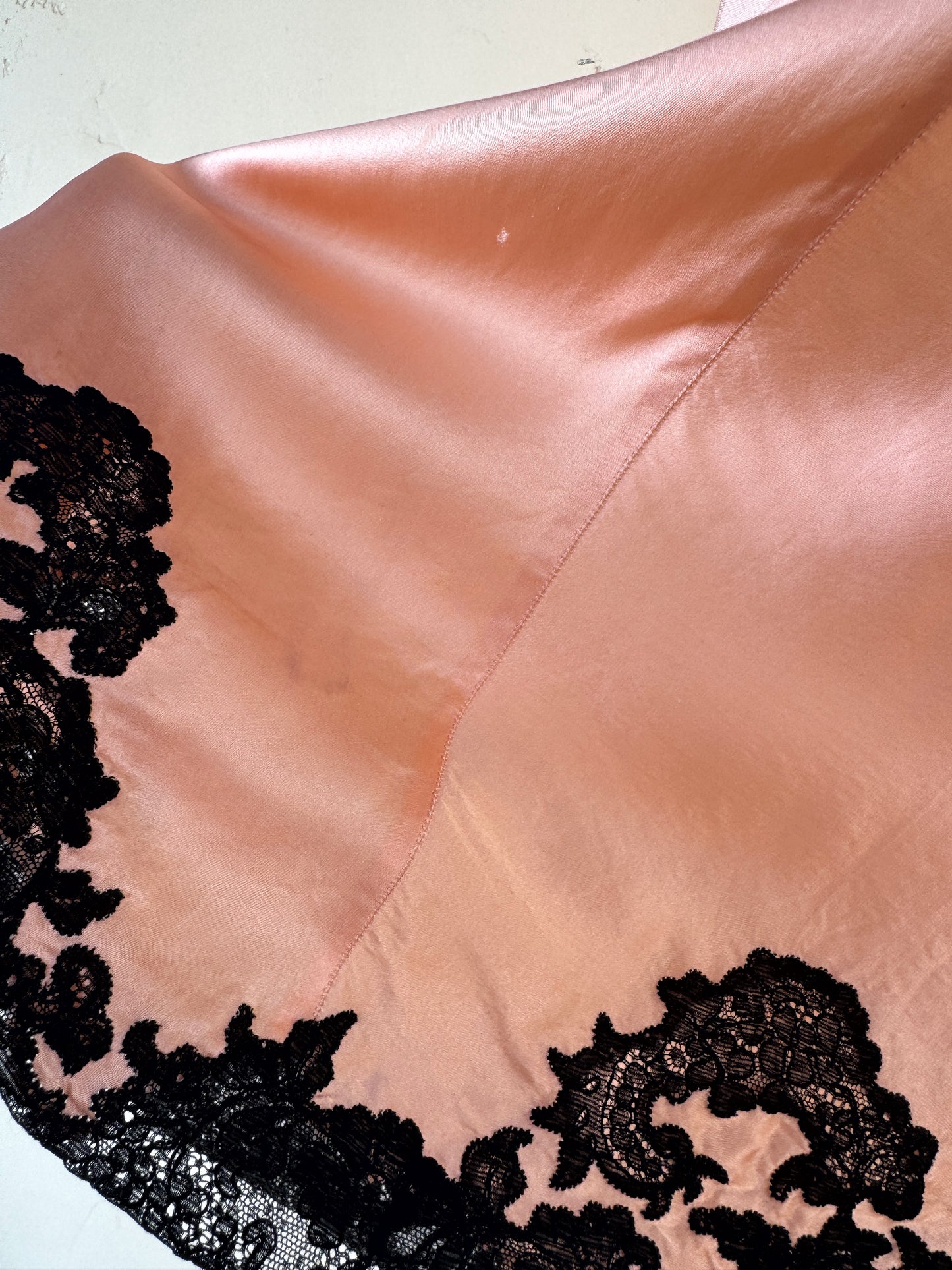 1930s Pretty in Pink Silk + Black Lace Slip Dress- S/M