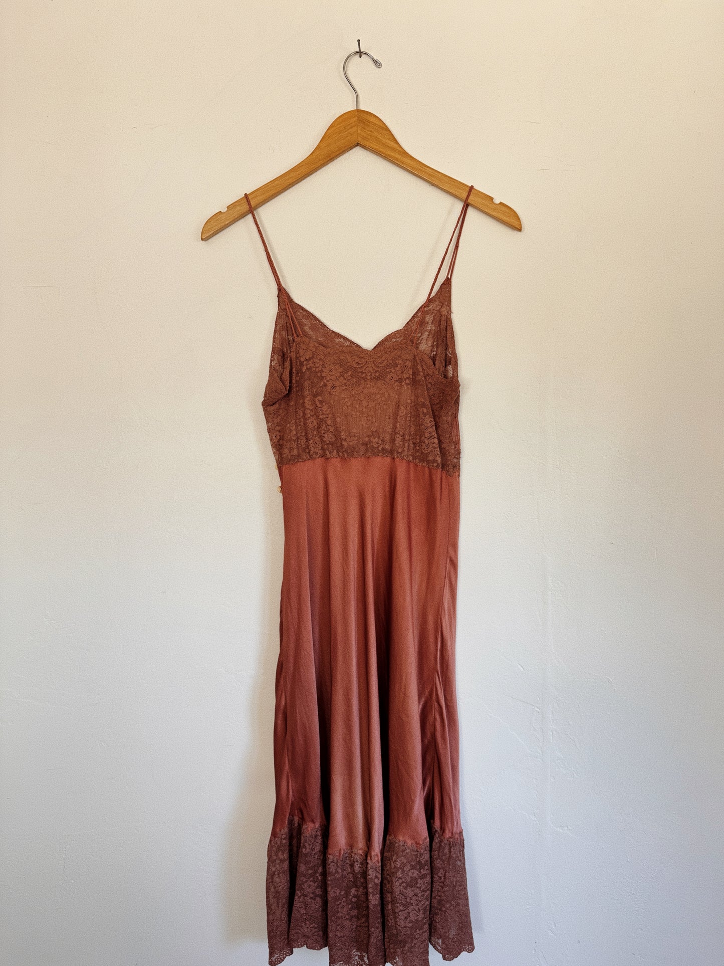 1930s Brown Silk + Lace Slip Dress w/ Braided Straps- XS/S