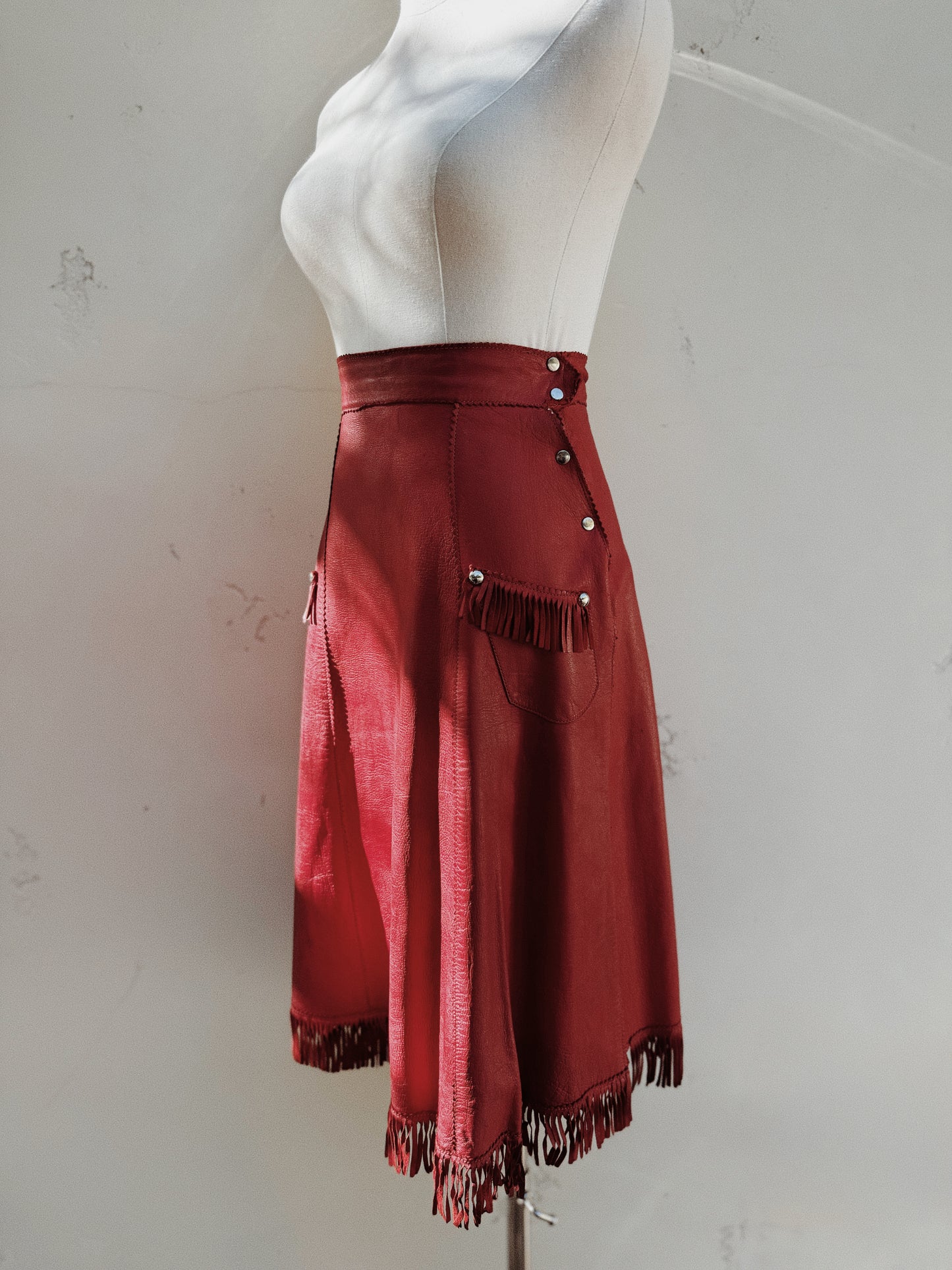 1930s/40s Western Oxblood Red Leather Fringe Cowgirl Skirt- S