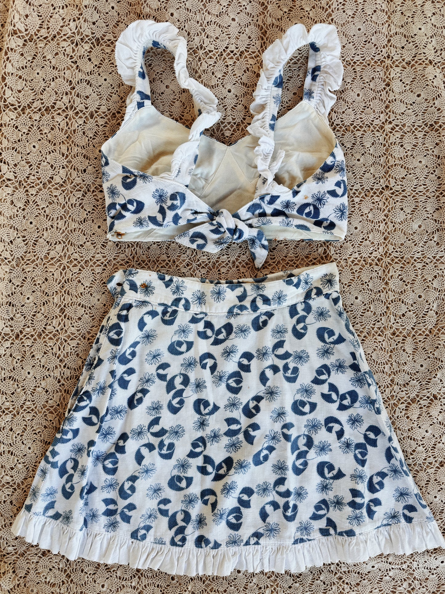 1930s White + Blue Piqué Floral + Ruffle Play Set- S