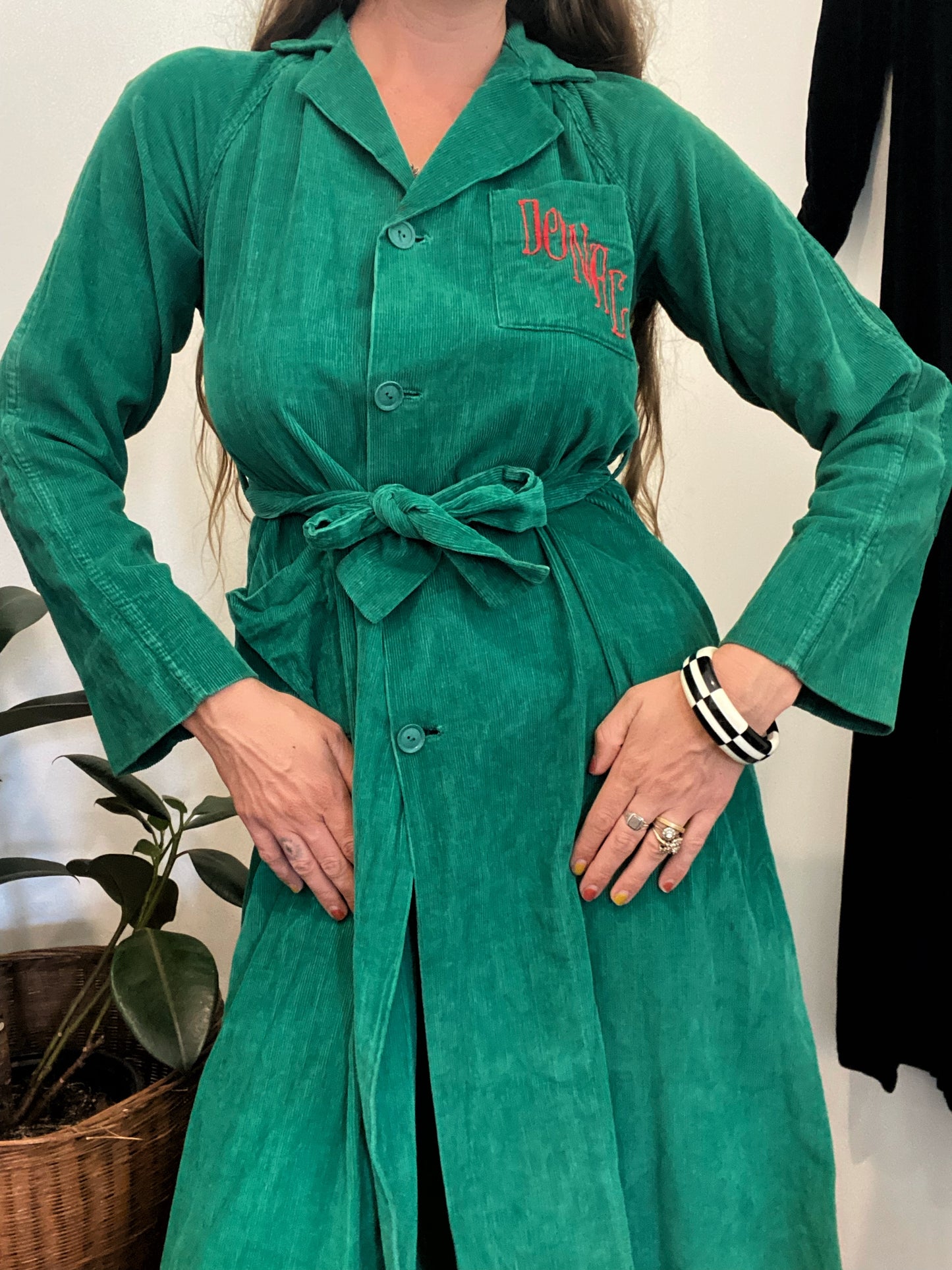 1940s/50s Green Corduroy House Dress Robe- S