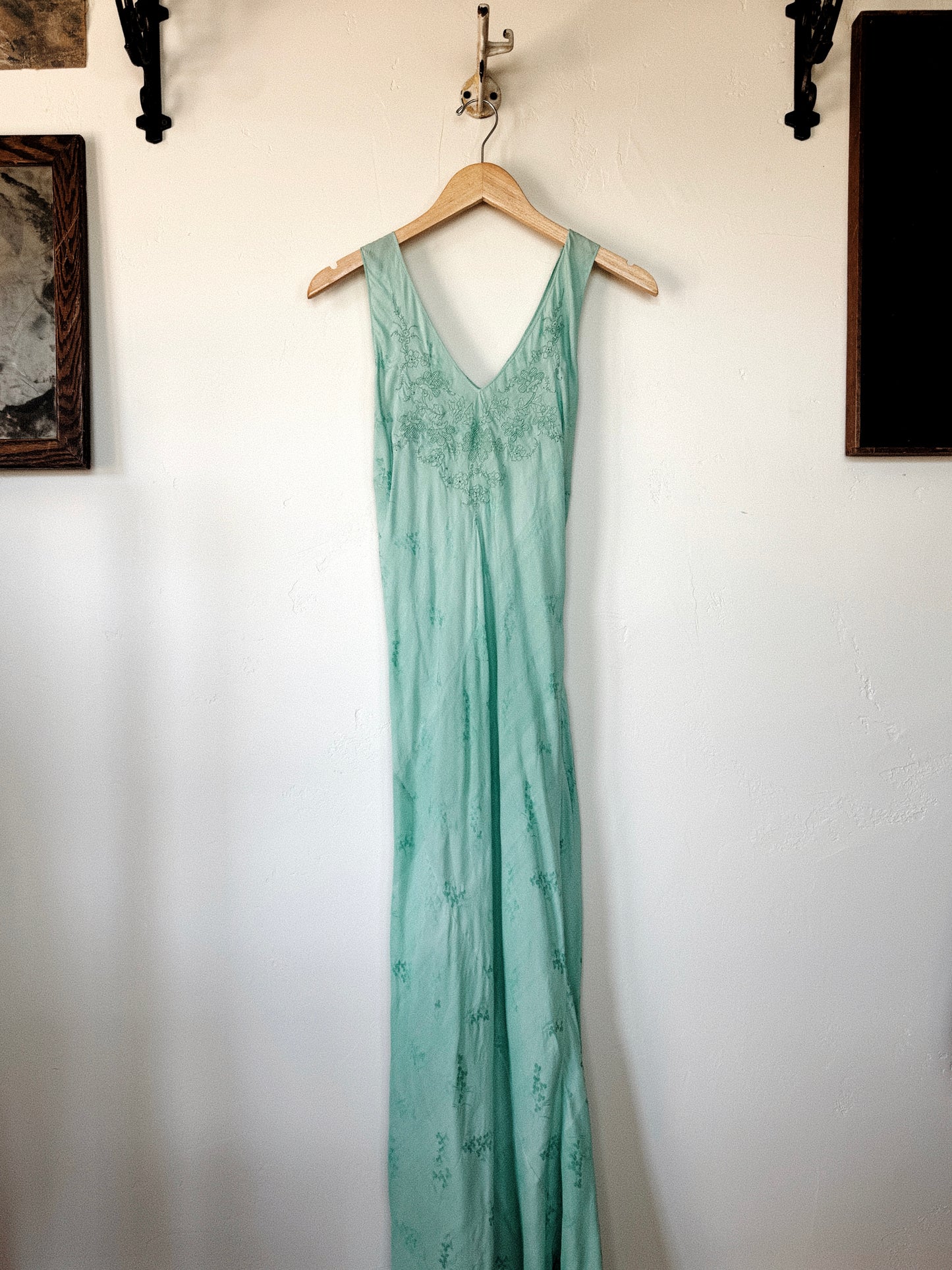 1930s Aquamarine Silk Floral Jacquard Slip Dress- S/M-M