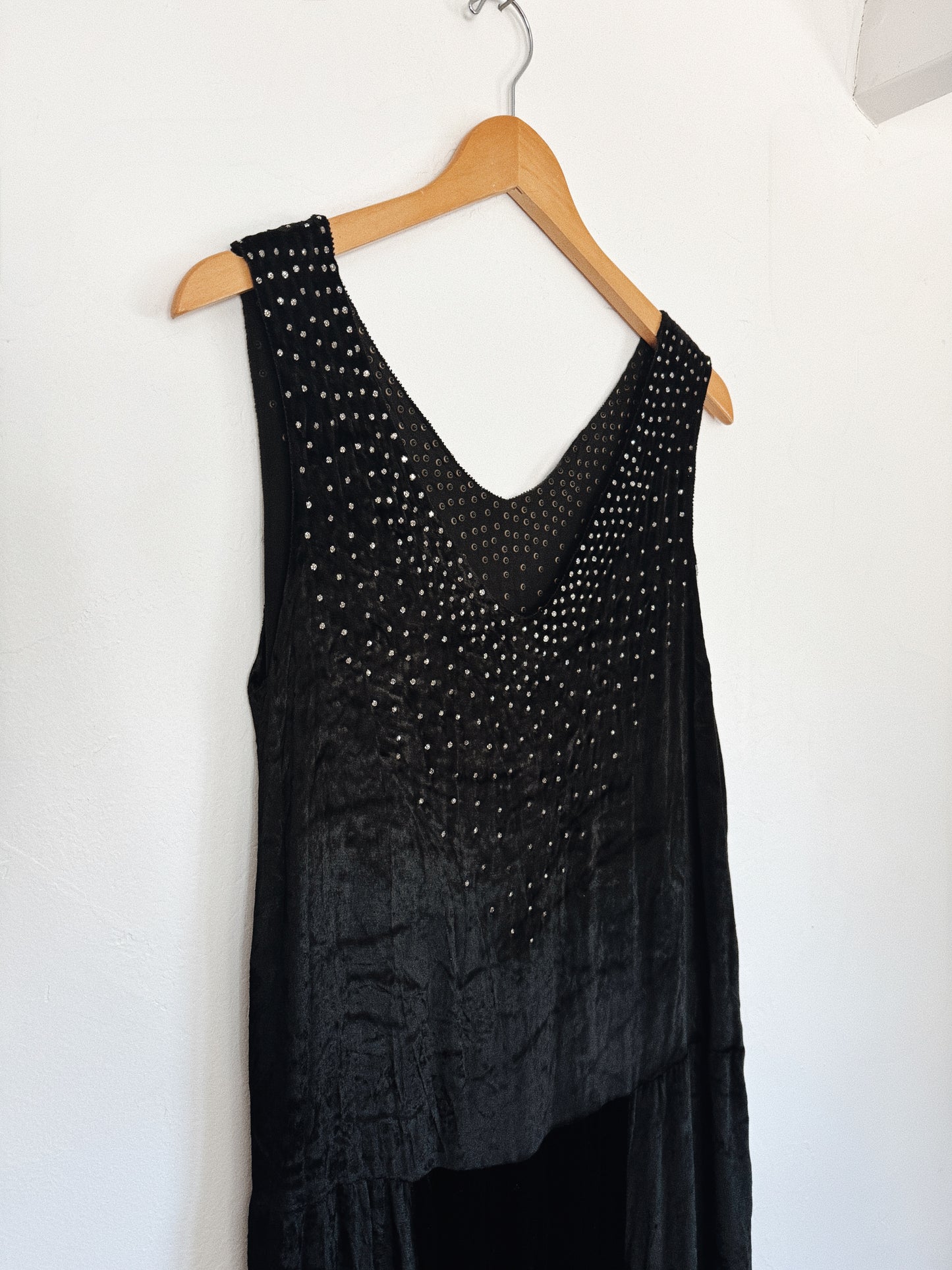 1920s Midnight Black Crushed Silk Velvet Diamenté Dress- S/M
