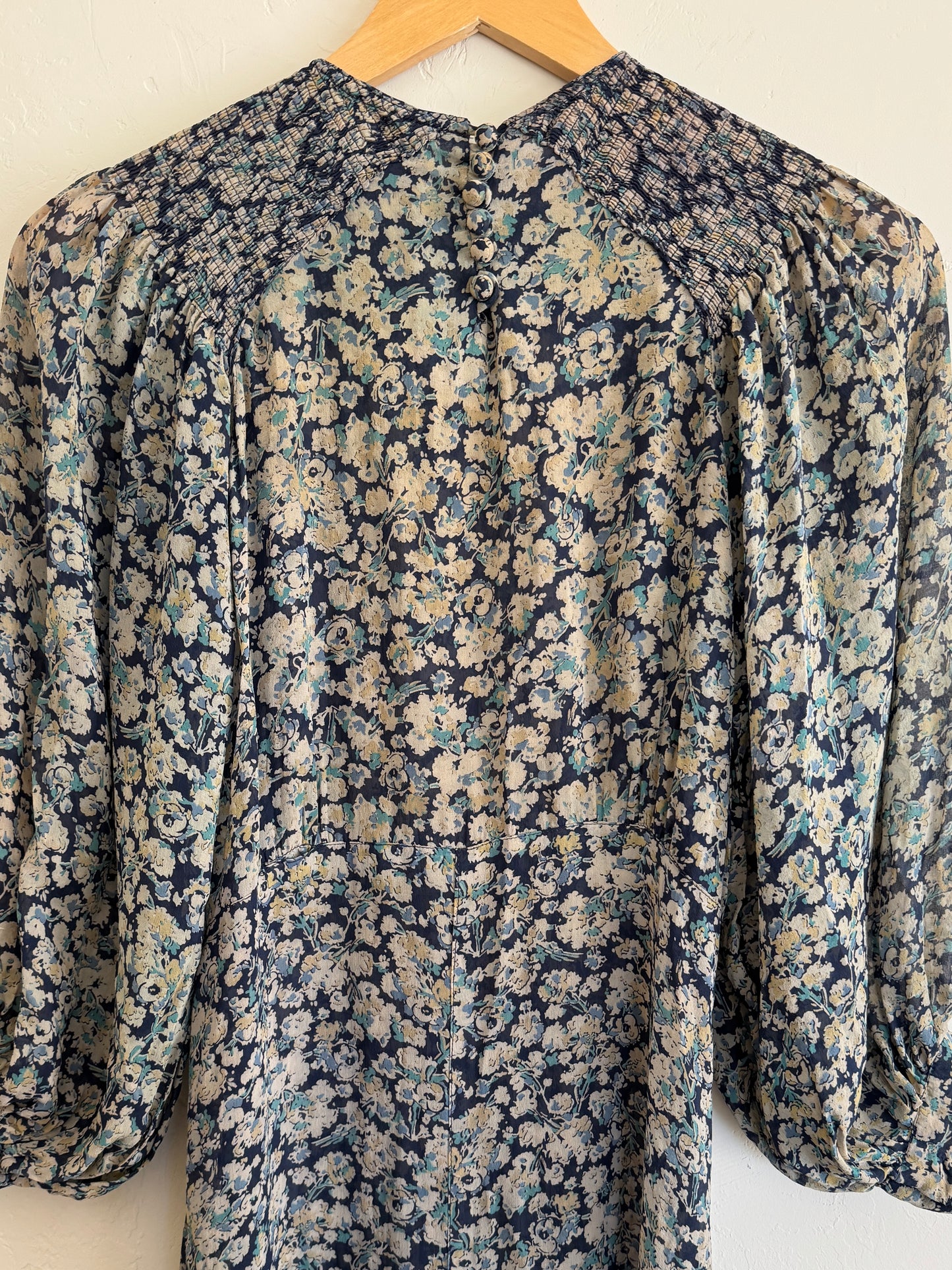 1930s Blue Floral Silk Chiffon Day Dress w/ Balloon Sleeves- S
