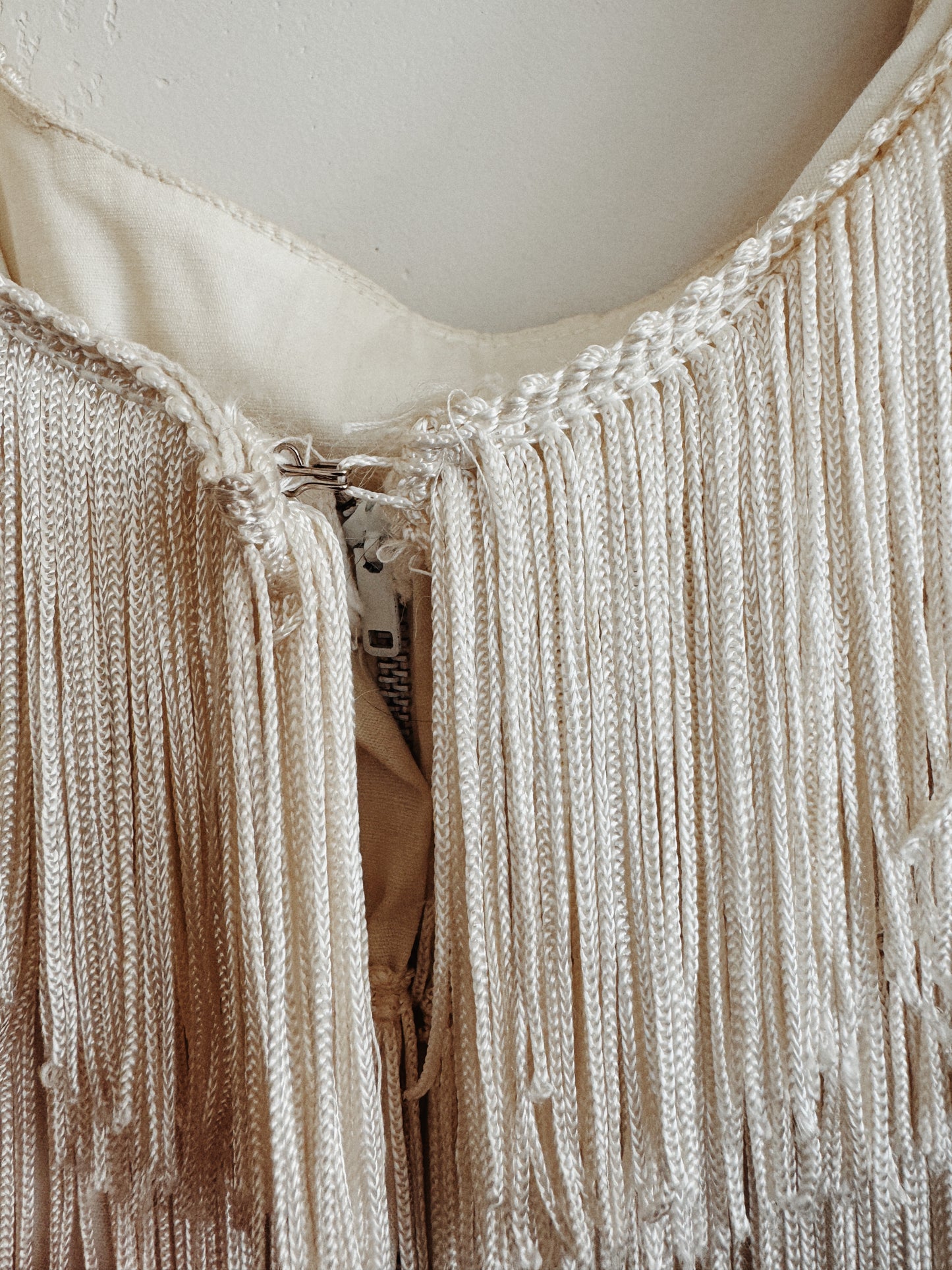 1950s White Tiered Fringe Hourglass Evening Gown- S