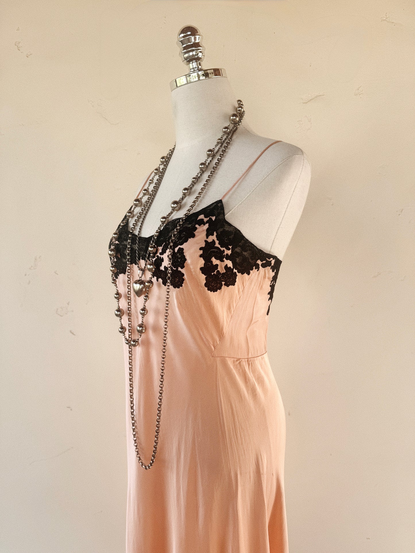 1930s Pretty in Pink Silk + Black Lace Slip Dress- S/M