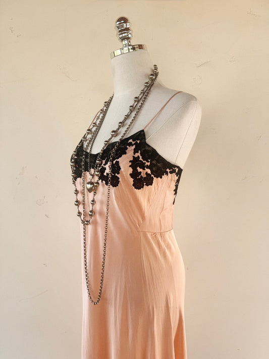 1930s Pretty in Pink Silk + Black Lace Slip Dress- S/M