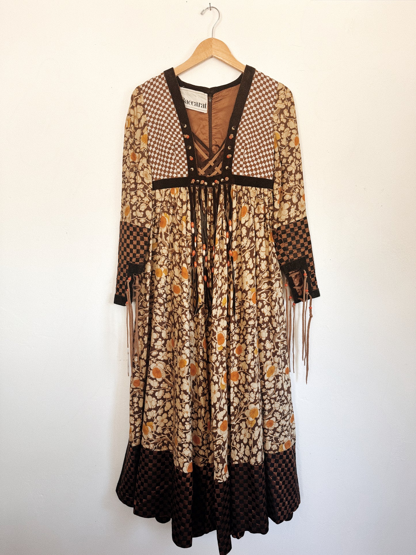 1970s Bill Gibb Archival Floral Silk + Suede Fringe Magpie Dress- S
