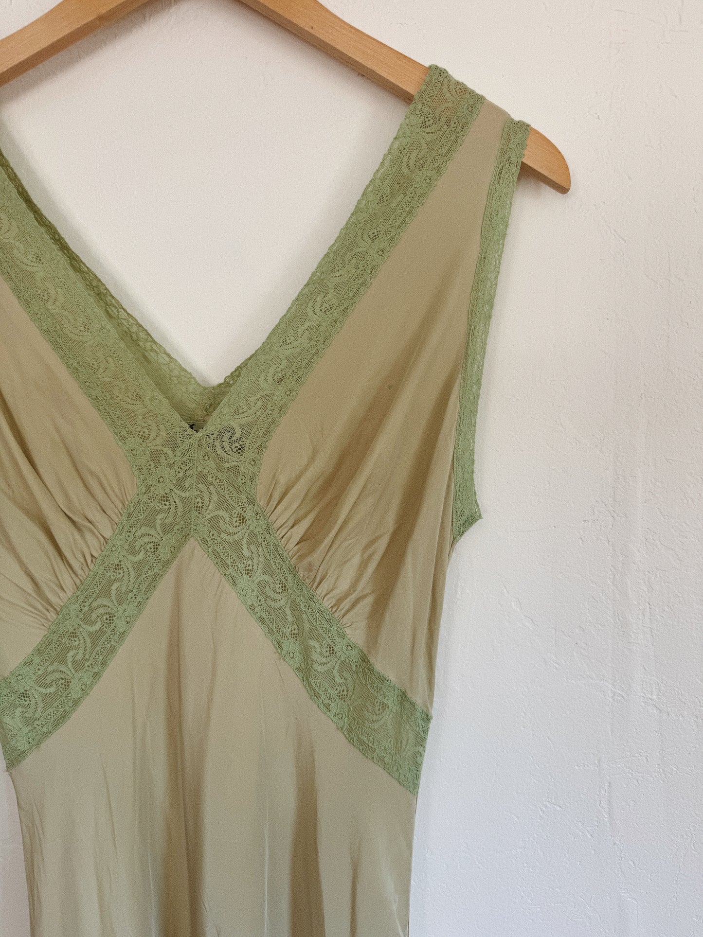 1940s Honeydew Rayon + Lace Bias Cut Slip Dress- S