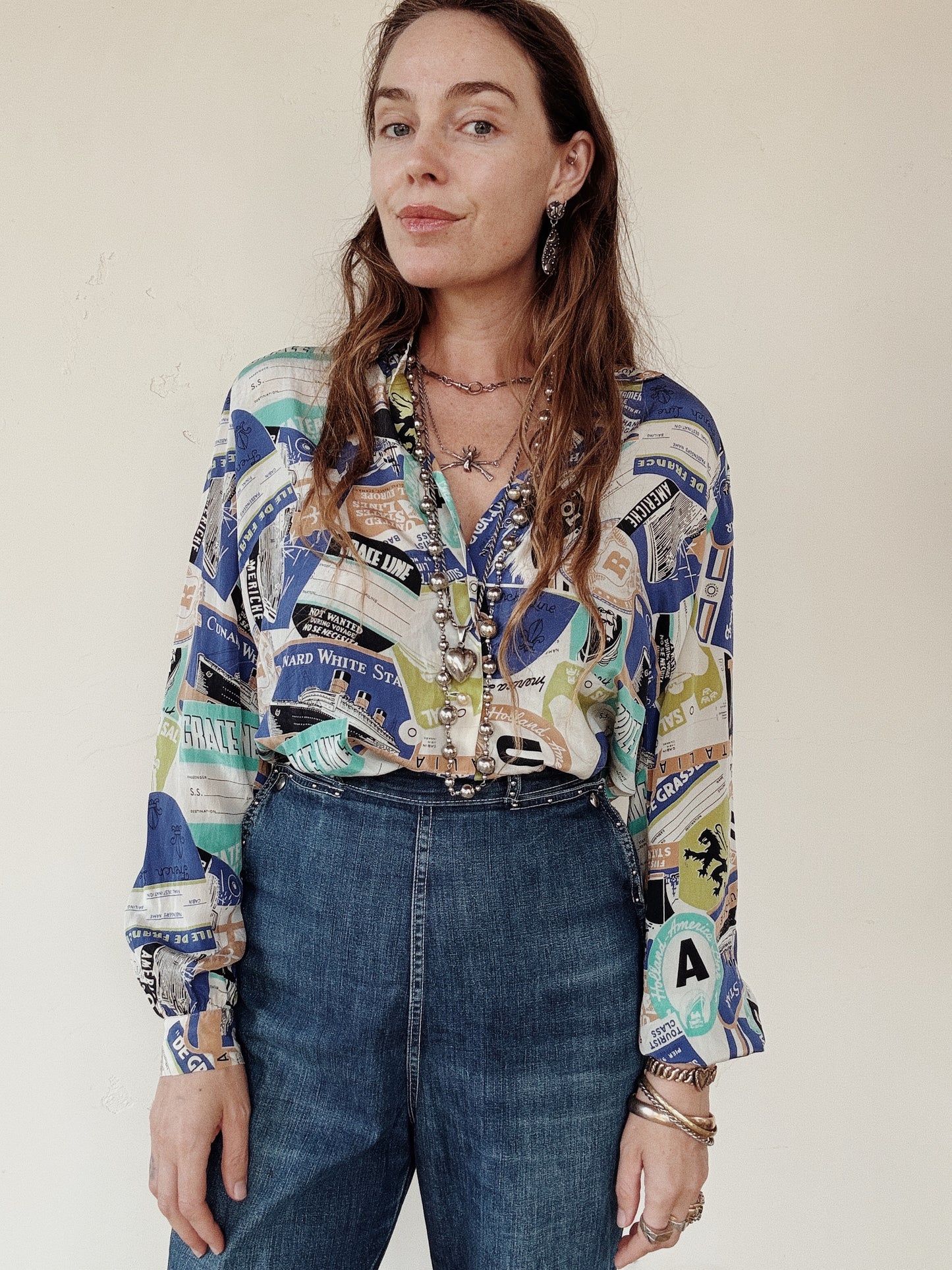 1940s Rare Novelty Travel Print Silk Blouse- S/M-M