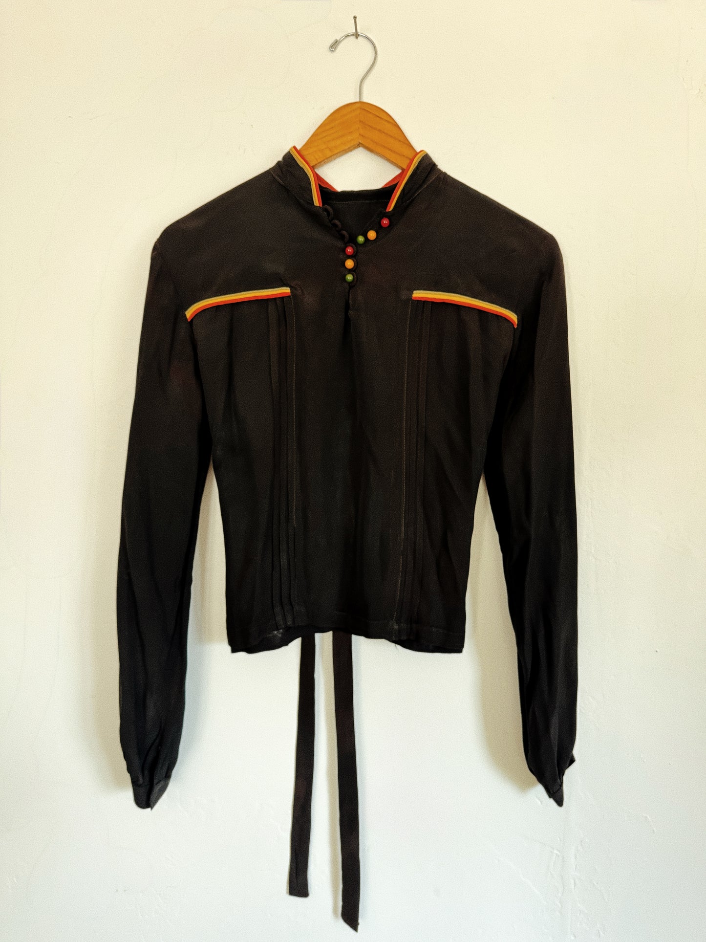 1930s Bakelite Button Silk Crepe Blouse w/ Corded Trim- S/M