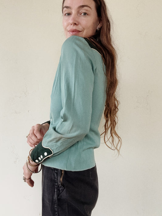 1950s Emerald + Sage Gabardine Western Top- S/M