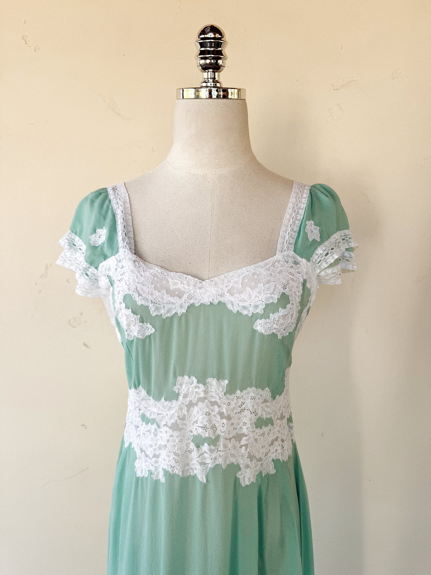 1930s Aquamarine Silk Chiffon + Lace Slip Dress- S-S/M