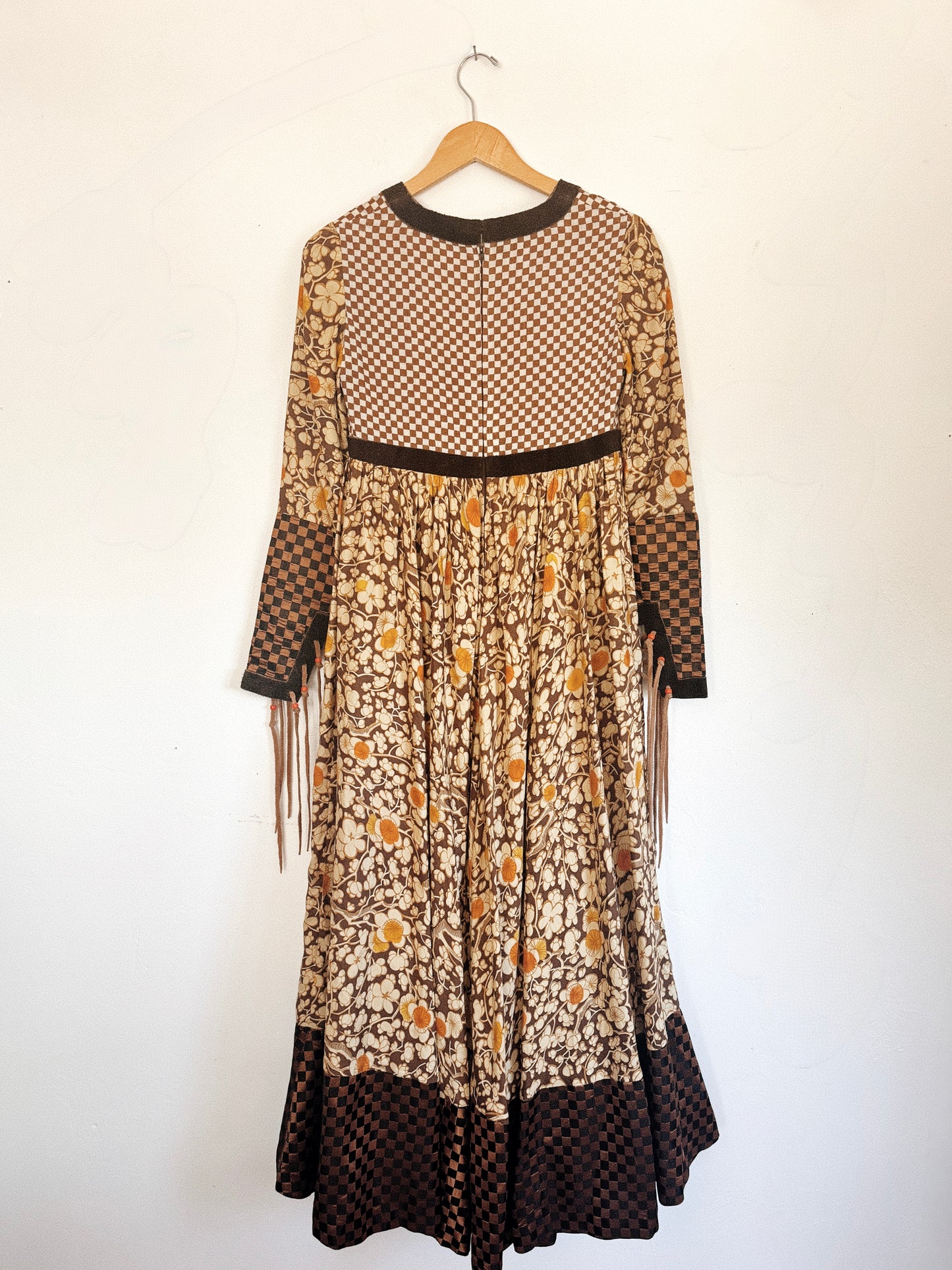1970s Bill Gibb Archival Floral Silk + Suede Fringe Magpie Dress- S