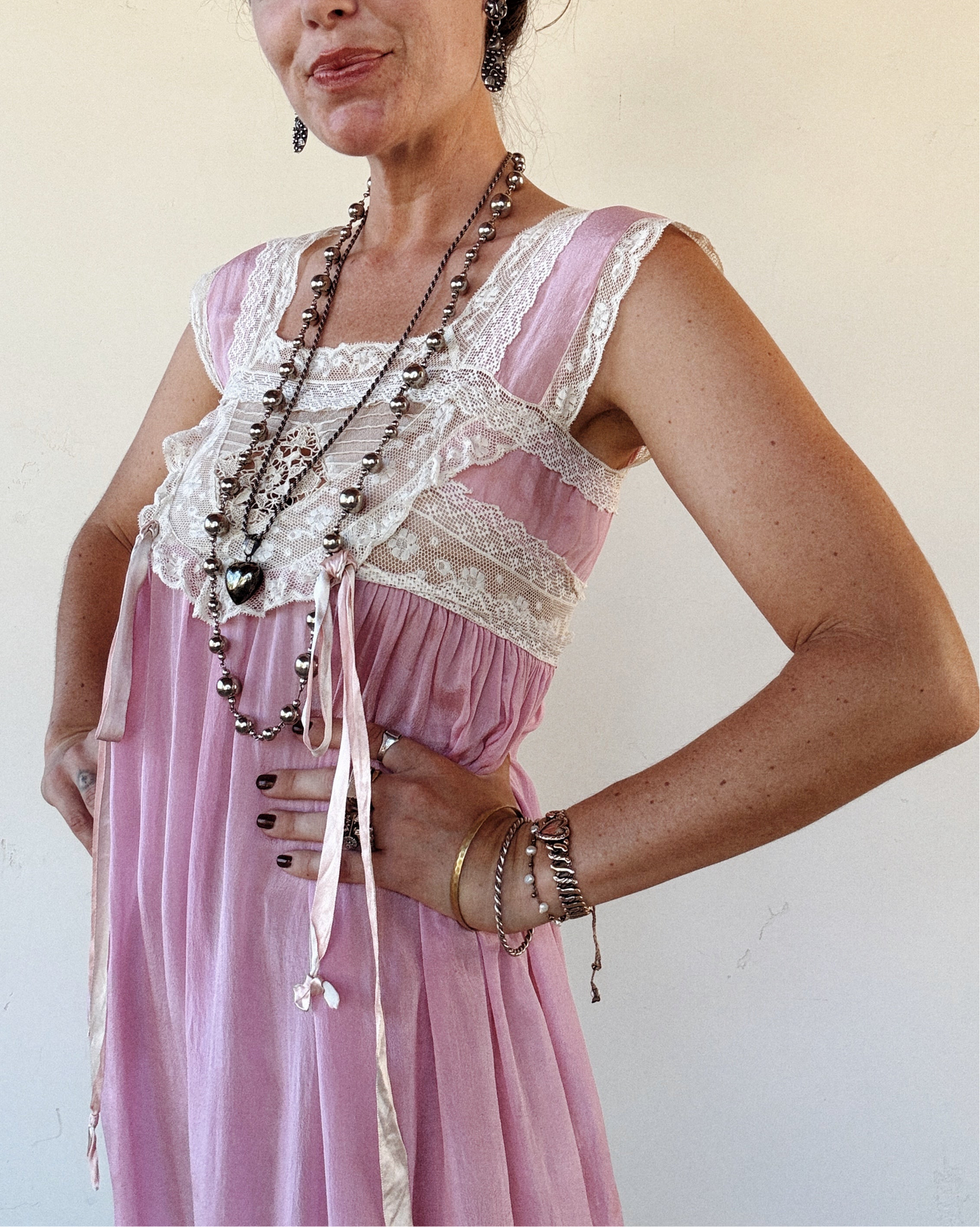 Edwardian Lavender Silk + Lace Nightgown Dress- S/M