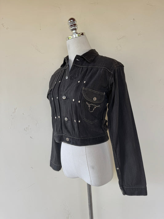 1950s Black Cropped Denim Blue Bell Hopalong Cassidy Selvedge Jacket- S-S/M
