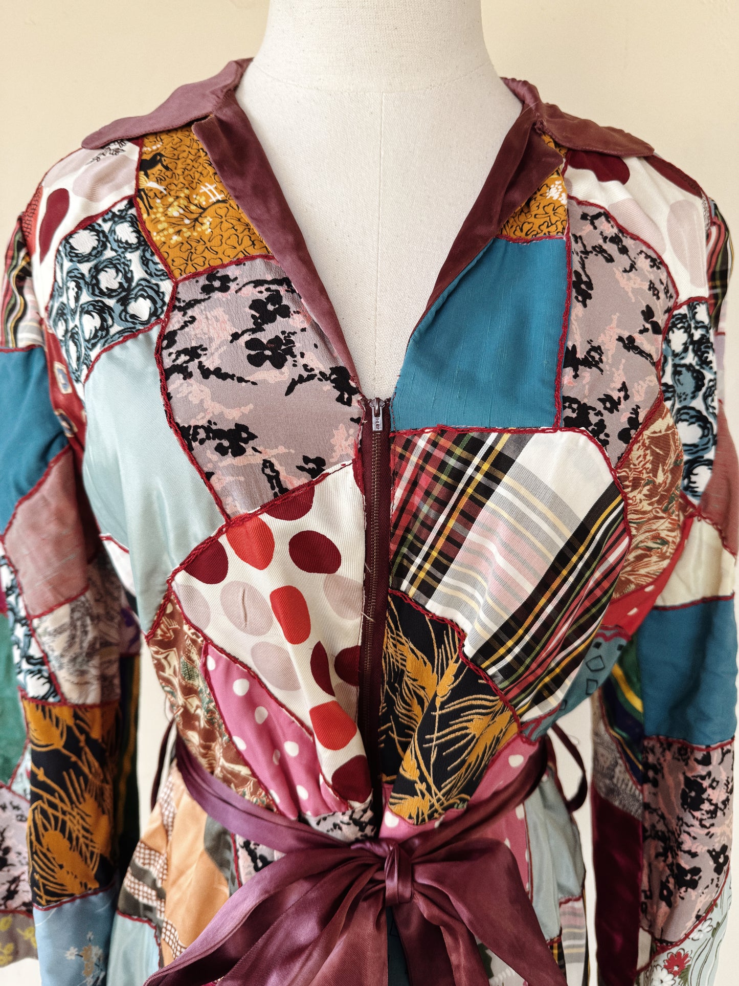 1940s Crazy Quilt Dressing w/ Rayon Patches- S/M-M