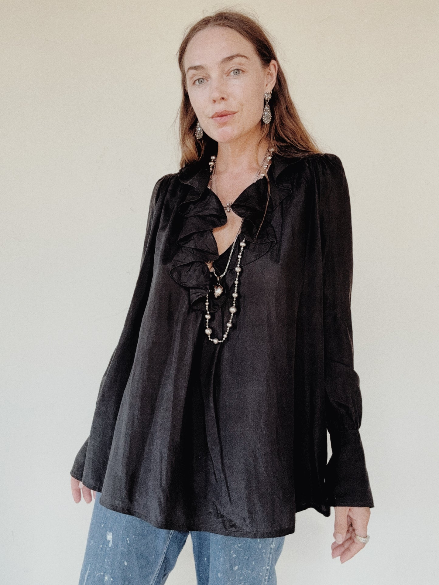 1970s Zandra Rhodes Black Silk Ruffled Tunic Blouse- S-S/M