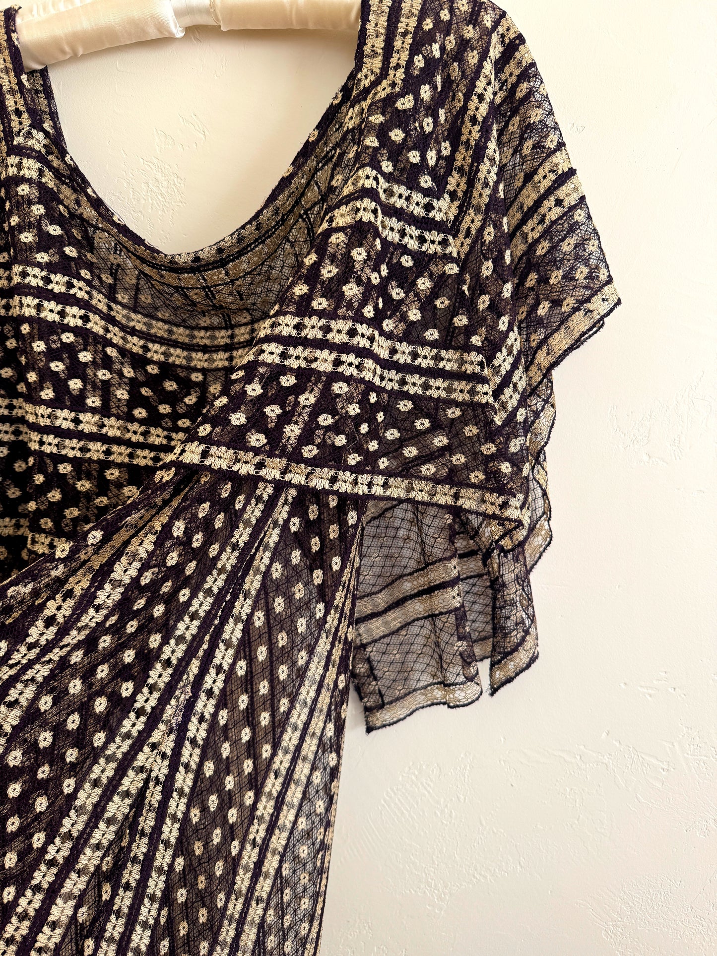 1920s/30s Purple + Cream Net Dress w/ Large Caplet Collar- M-L