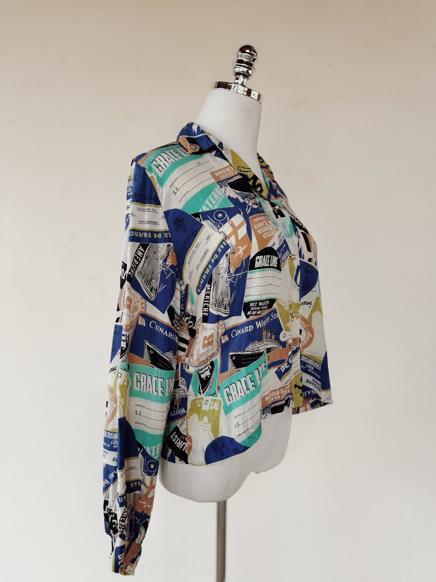 1940s Rare Novelty Travel Print Silk Blouse- S/M-M